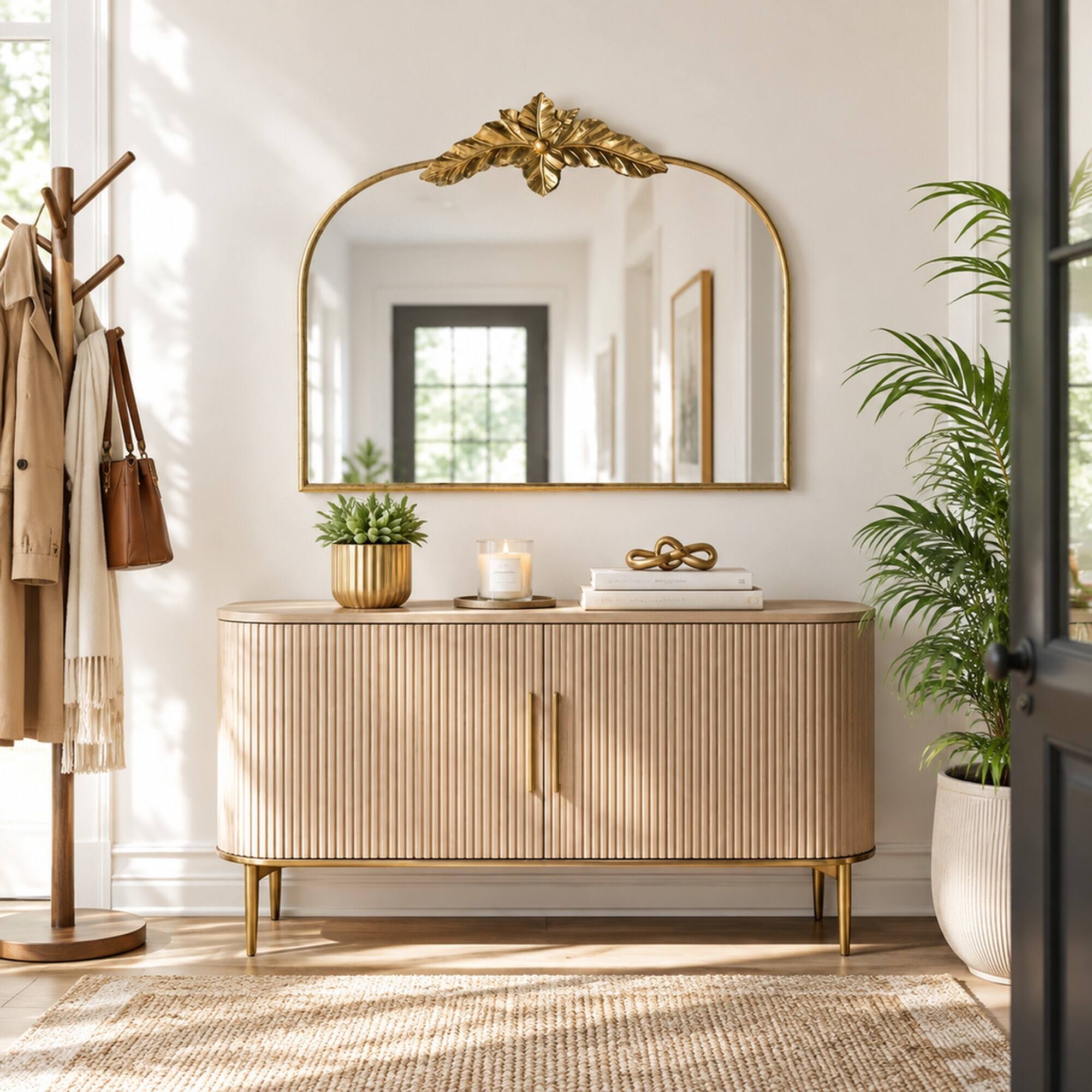Left. RYHNUYNE - Gold Arched Wall Mirror, 39.5 x 35 in, Metal Frame and MDF, Wall Mounted Decor for Living Room or Bedroom - Gold.