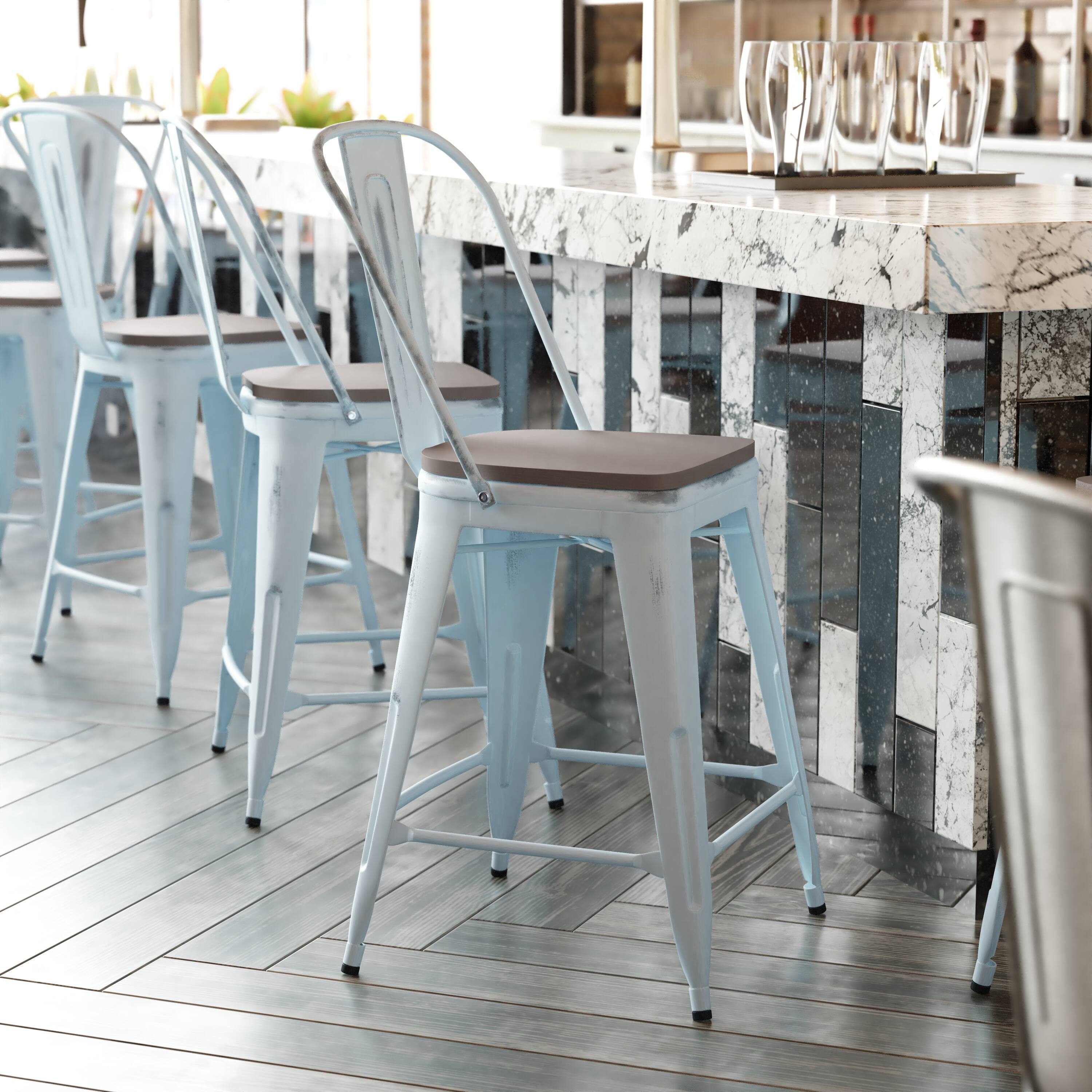 Alt View 1. Emma + Oliver - Nova Distressed Metal Stools with Backs and Polystyrene Seats for Indoor/Outdoor Use - Gray Seat/Green-Blue Frame.