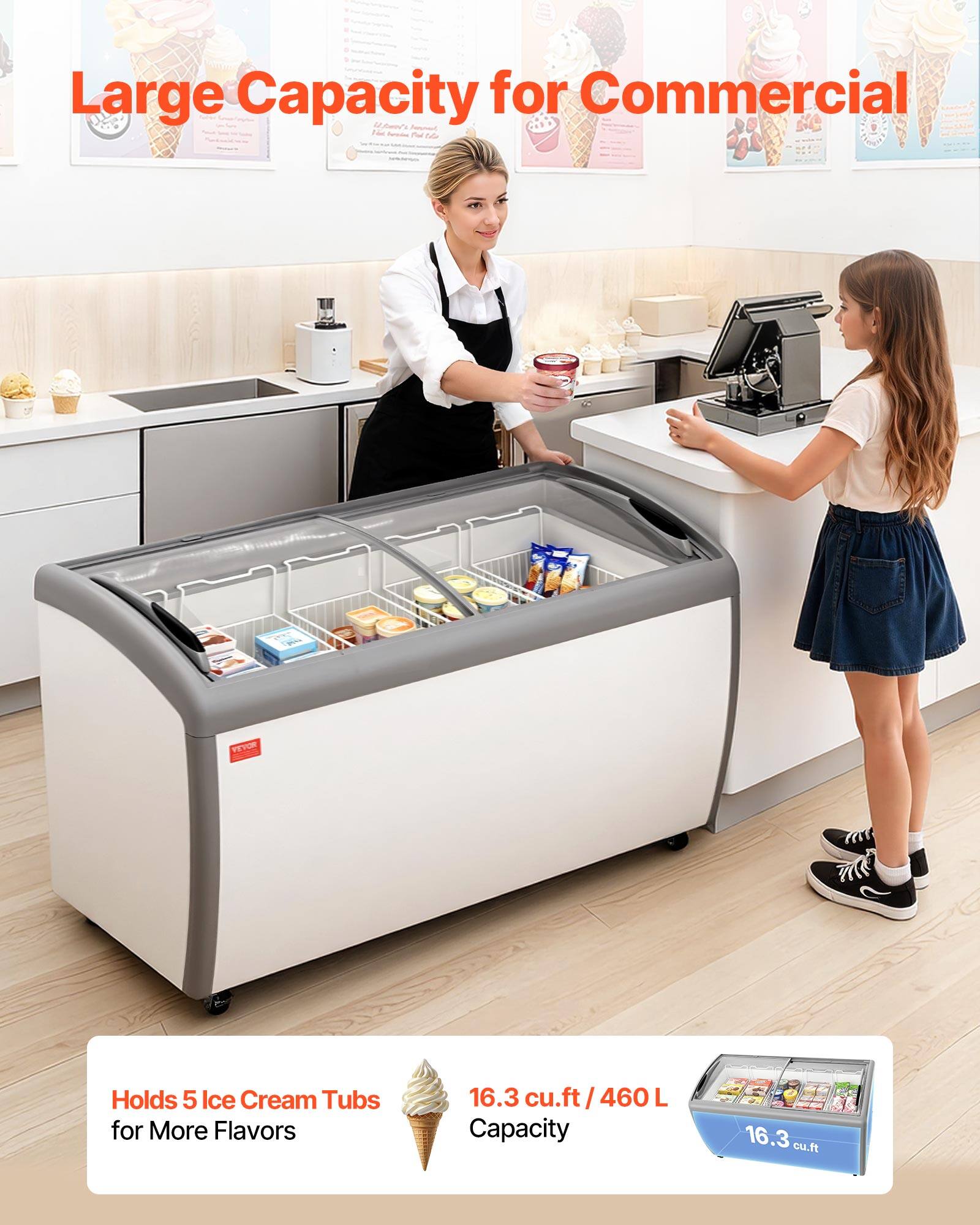 Large Capacity for Commercial Use  
- Second Tier  
- FEYO  
- Holds 5 Ice Cream Tubs for More Flavors  
- 16.3 cu.ft / 460 L  
- Capacity 16.3 cu.ft