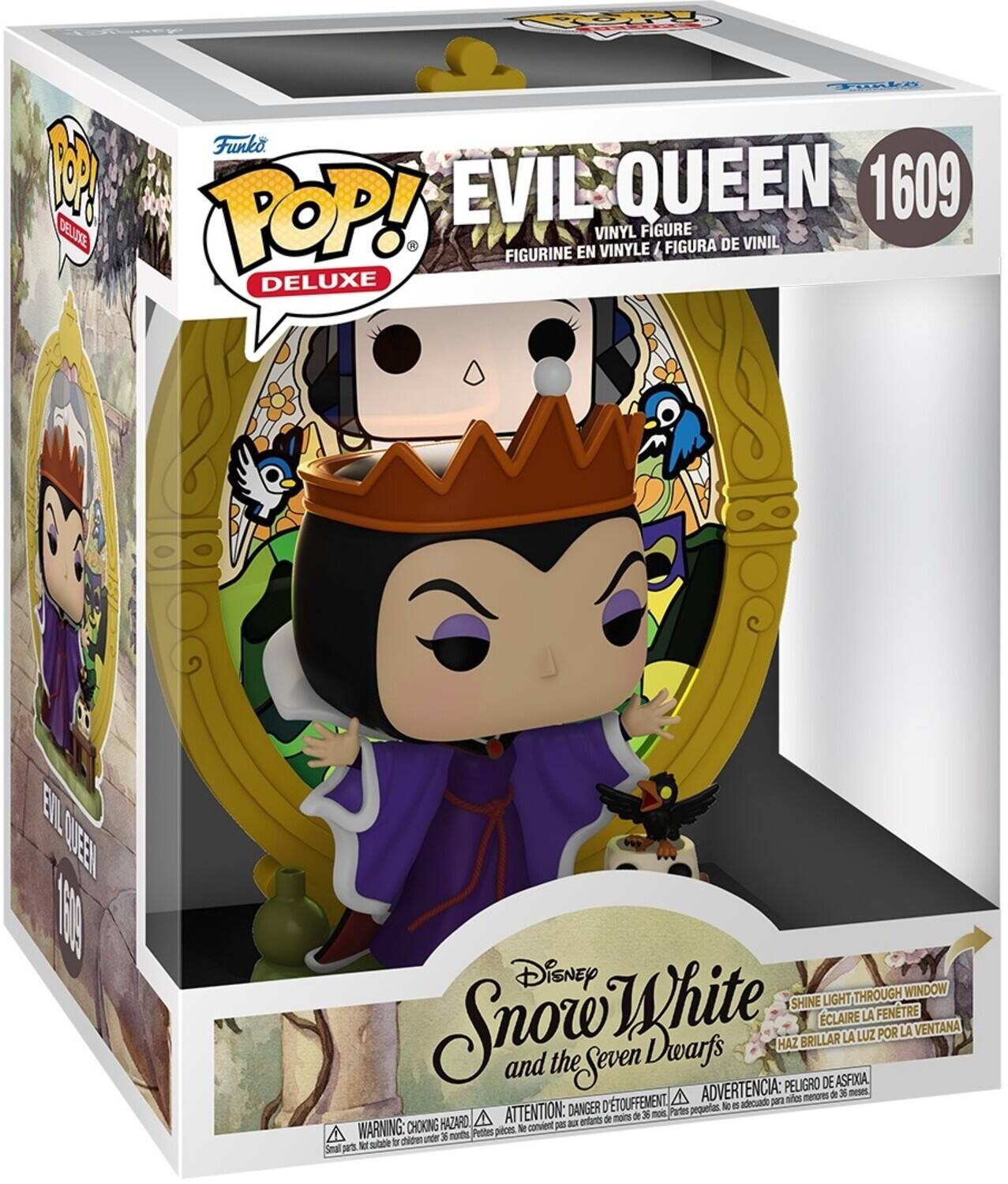 **Front:**
- POP! DELUXE
- Funko
- EVIL QUEEN 1609
- VINYL FIGURE / FIGURINE EN VINYLE / FIGURA DE VINIL
- Disney Snow White and the Seven Dwarfs

**Side:**
- EVIL QUEEN 1609
- SHINE LIGHT THROUGH WINDOW / ECLAIRE LA FENÊTRE / HAZ BRILLAR LA LUZ POR LA VENTANA

**Bottom:**
- WARNING: CHOKING HAZARD - Small parts. Not for children under 3 years. / ADVERTENCIA: PEQUEÑAS PIEZAS. NO ES APTO PARA NIÑOS MENORES DE 3 AÑOS. / ATTENTION: DANGER D'ÉTOUFFEMENT - Petites pièces. Ne convient pas aux enfants de moins de 3 ans.

**Back:**
- (Text is not fully visible, but includes similar warnings and product details)