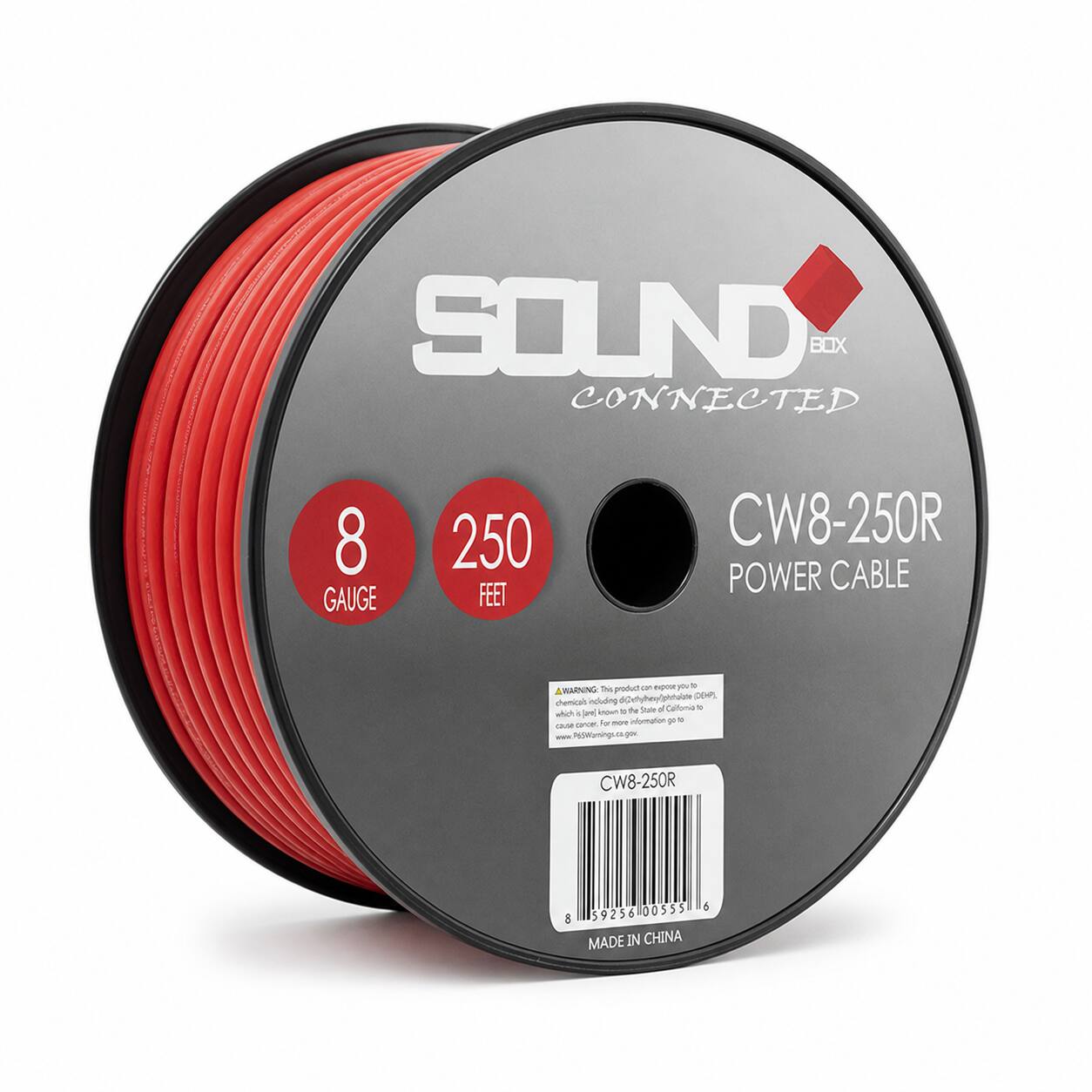 SOUND BOX CONNECTED  
8 GAUGE  
250 FEET  
CW8-250R POWER CABLE  
WARNING: The product can expose you to chemicals including diphenylmethane-4,4'-diisocyanate (MDI), which is known to the State of California to cause cancer. For more information go to www.P65Warnings.gov.  
CW8-250R  
00555 6 8 59256  
MADE IN CHINA