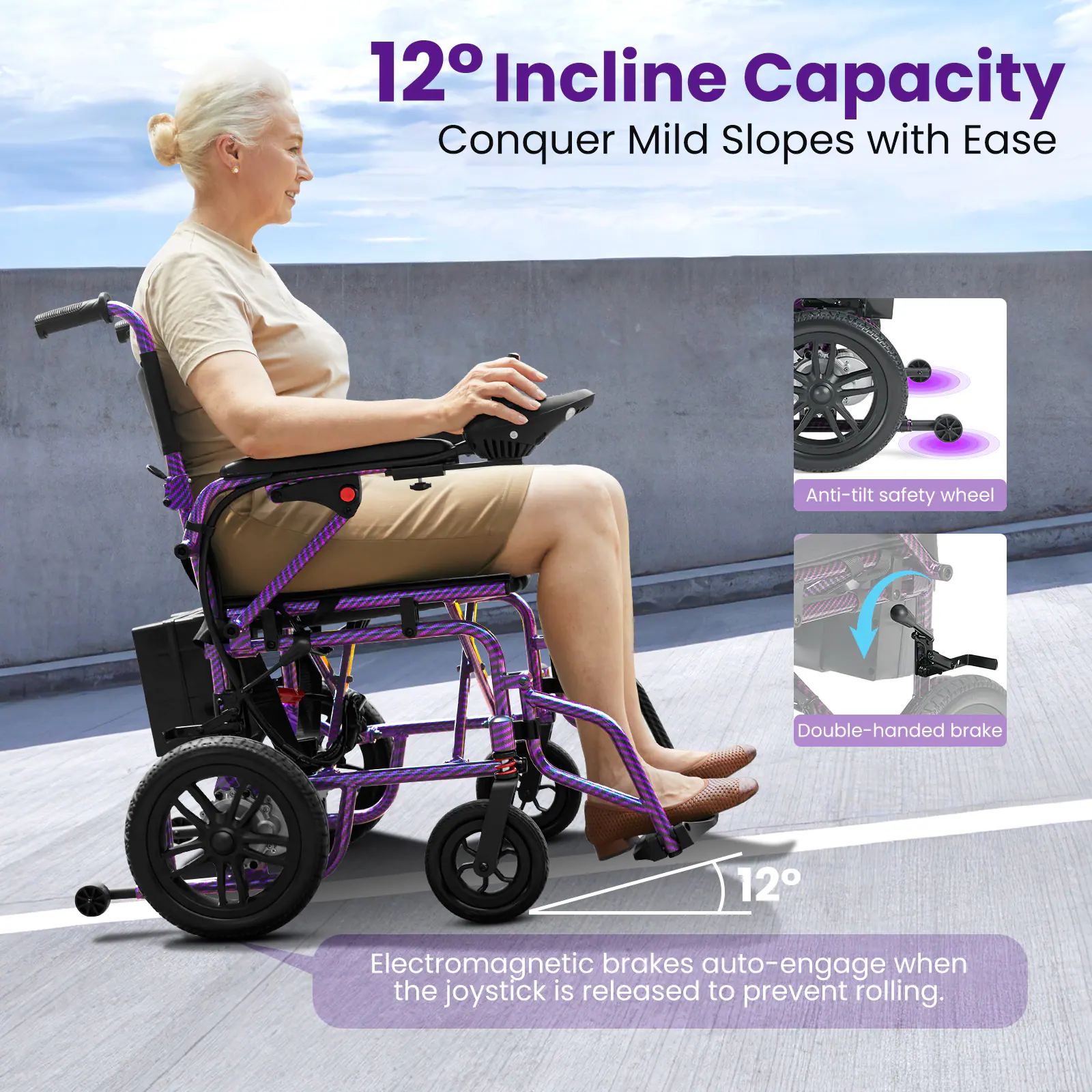 12° Incline Capacity  
Conquer Mild Slopes with Ease  

Anti-tilt safety wheel  
Double-handed brake  

Electromagnetic brakes auto-engage when the joystick is released to prevent rolling.