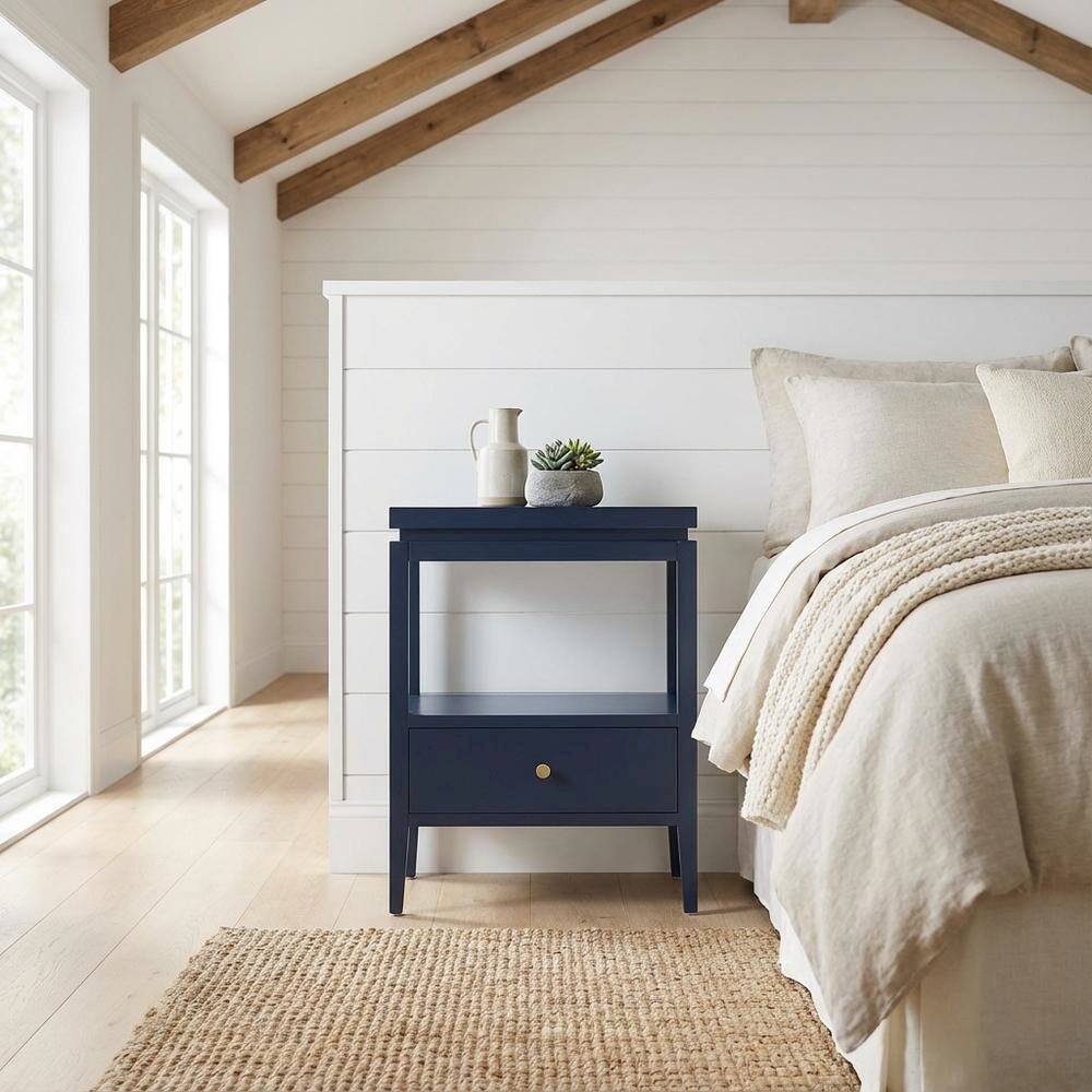Angle. FurniFact - Midnight Blue Nightstand with Gold Hardware, Casual Farmhouse Style - Blue.