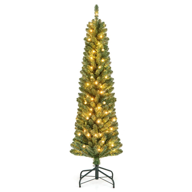 WELLFOR - 5 ft Pencil Slim Artificial Christmas Tree with Warm‑White Lights,295 Full PVC Branch Tips, Perfect‑Choice Decoration - Green