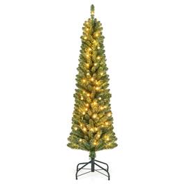 WELLFOR - 5 ft Pencil Slim Artificial Christmas Tree with Warm‑White Lights,295 Full PVC Branch Tips, Perfect‑Choice Decoration - Green