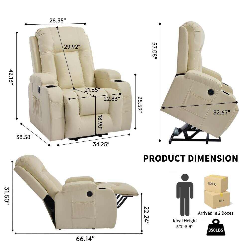 42.13" 38.58"  
28.35" 29.92" 21.65" 22.83" 18.90" 34.25"  
25.59"  
57.08"  
32.67"  
PRODUCT DIMENSION  
31.50" 66.14" 22.24"  
BOX A BOX B Arrived in 2 Boxes Ideal Height 5'1"-5'9" 350LBS