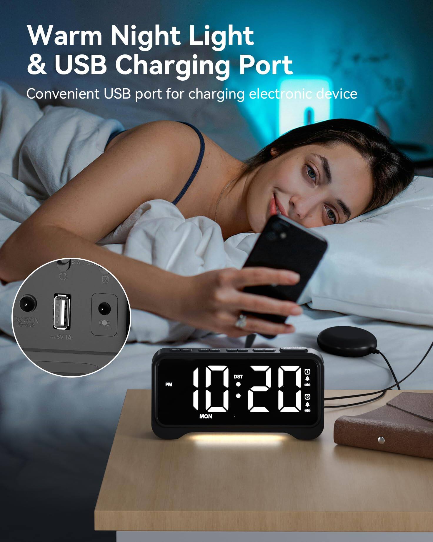 Warm Night Light & USB Charging Port  
Convenient USB port for charging electronic device