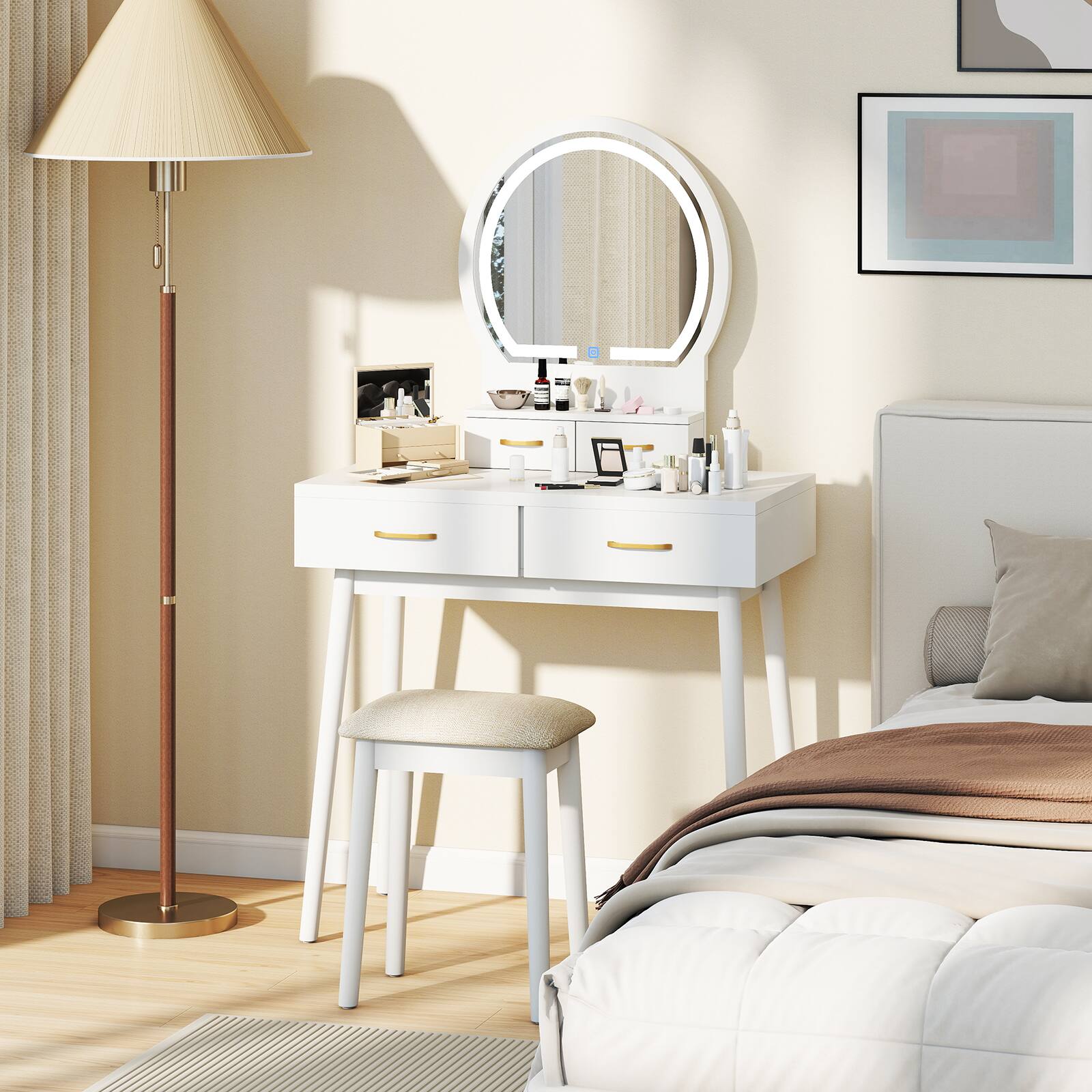 Alt View 4. Gymax - Gymax Small Vanity Desk w/Mirror & Lights Cushioned Stool 3 Adjustable Lighting Colors White - White.