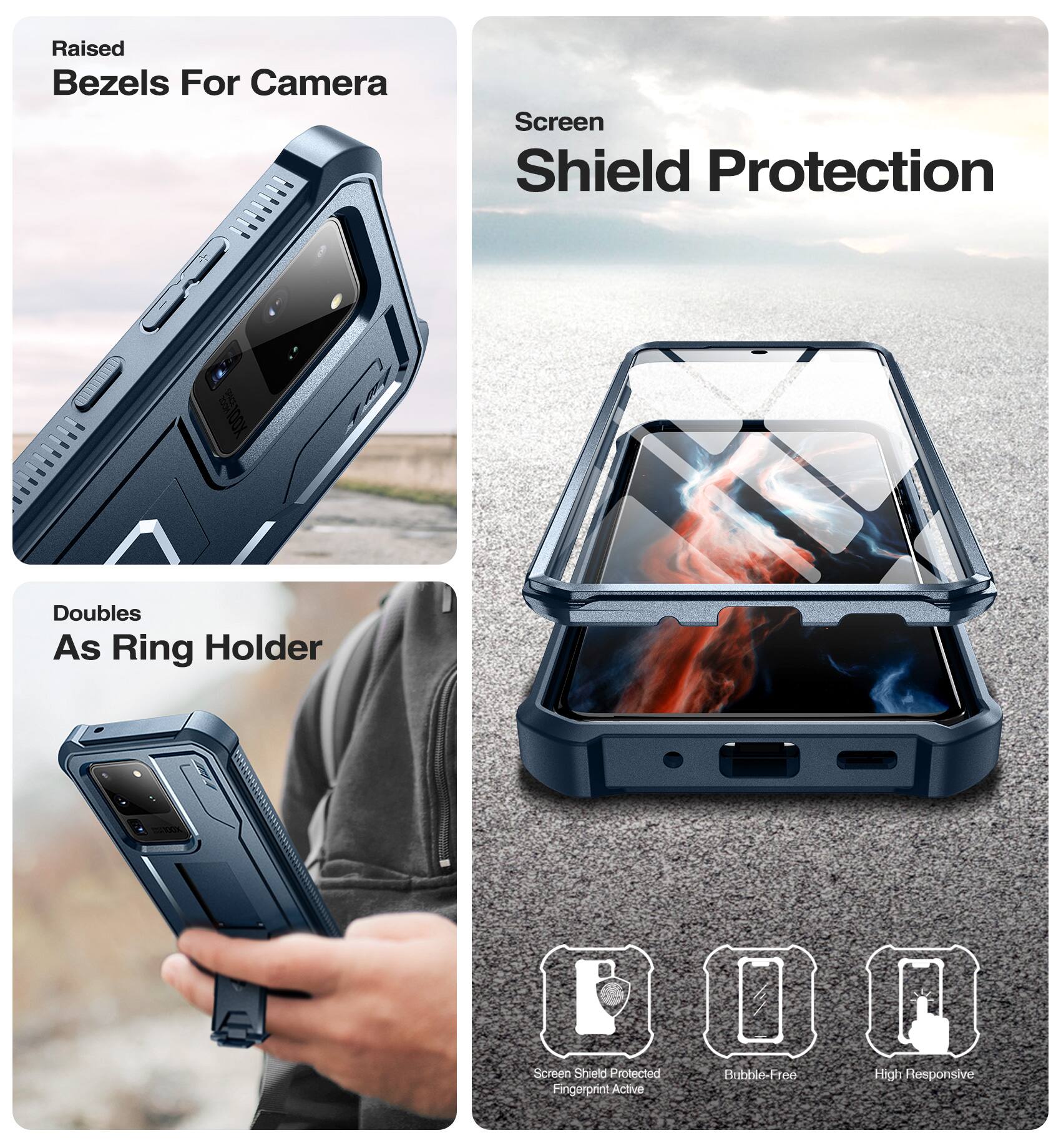 Raised Bezels For Camera  
Screen Shield Protection  
Doubles As Ring Holder  

Screen Shield Protected  
Fingerprint Active  
Bubble-Free  
High Responsive