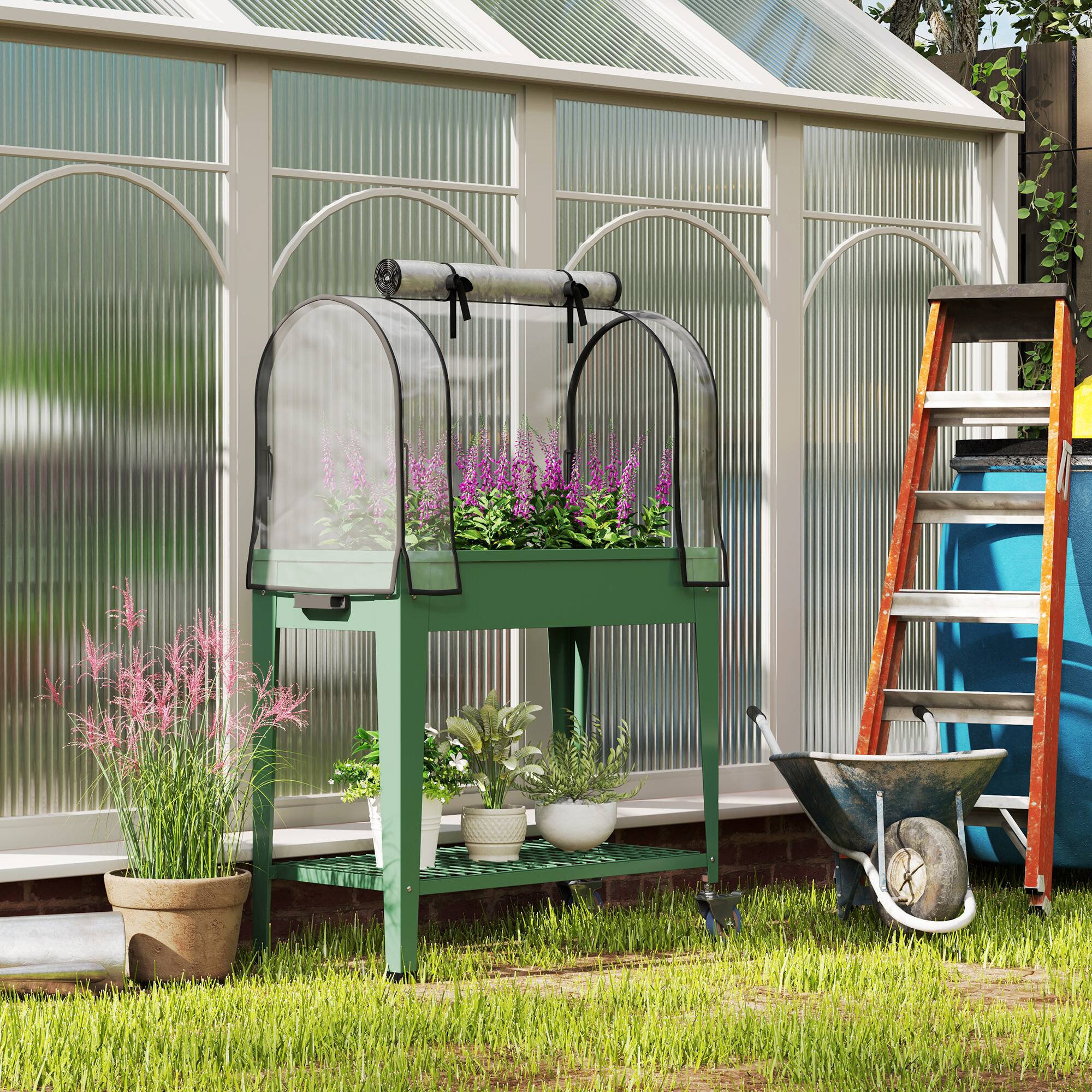 Alt View 1. Outsunny - Raised Garden Bed with Greenhouse Cover, Large Metal Outdoor Elevated Planter Box with Lockable Wheels.