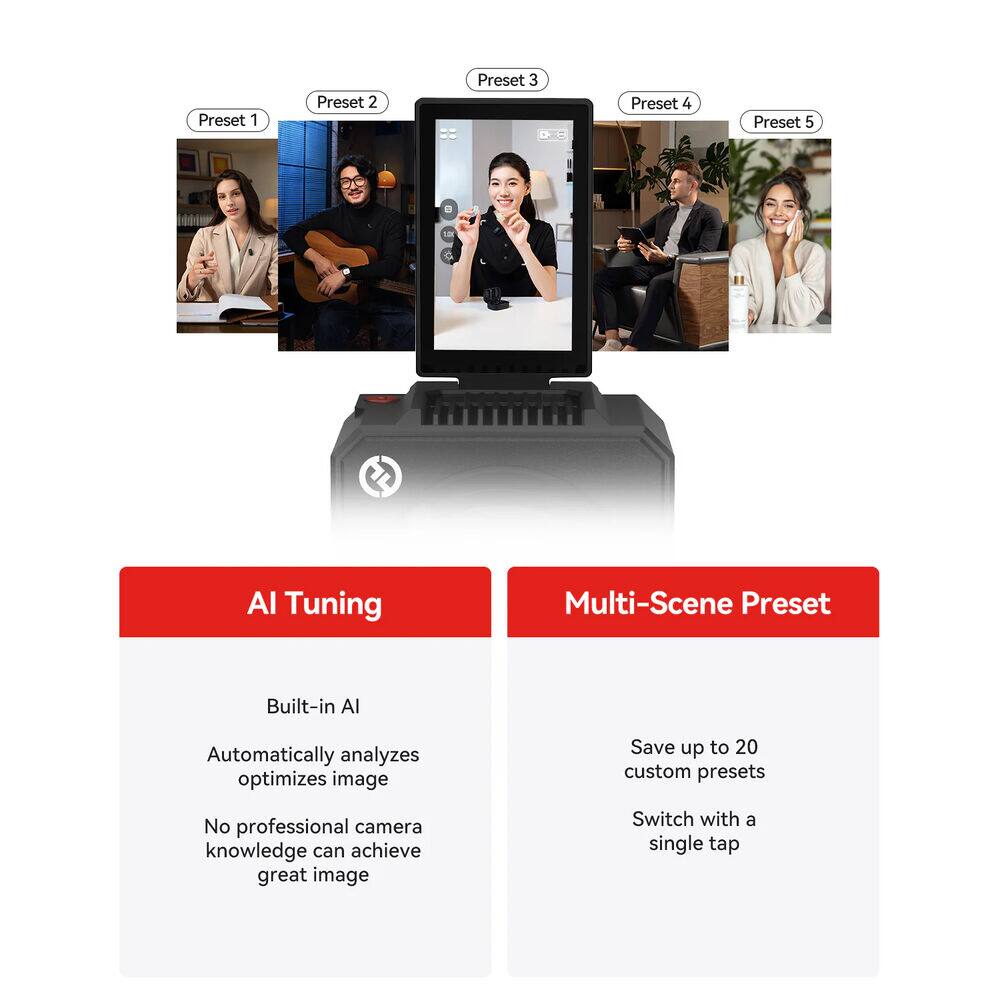 Preset 1  
Preset 2  
Preset 3  
Preset 4  
Preset 5  

18 AI Tuning  
Multi-Scene Preset  

Built-in AI  
Automatically analyzes optimizes image  
No professional camera knowledge can achieve great image  
Switch with a single tap  

Save up to 20 custom presets
