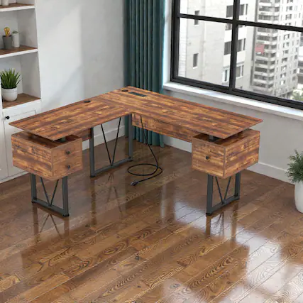 Front. Hivvago - L-Corner Productivity Desk Featuring Outlets and Multi-Drawer Storage - Rustic Brown.