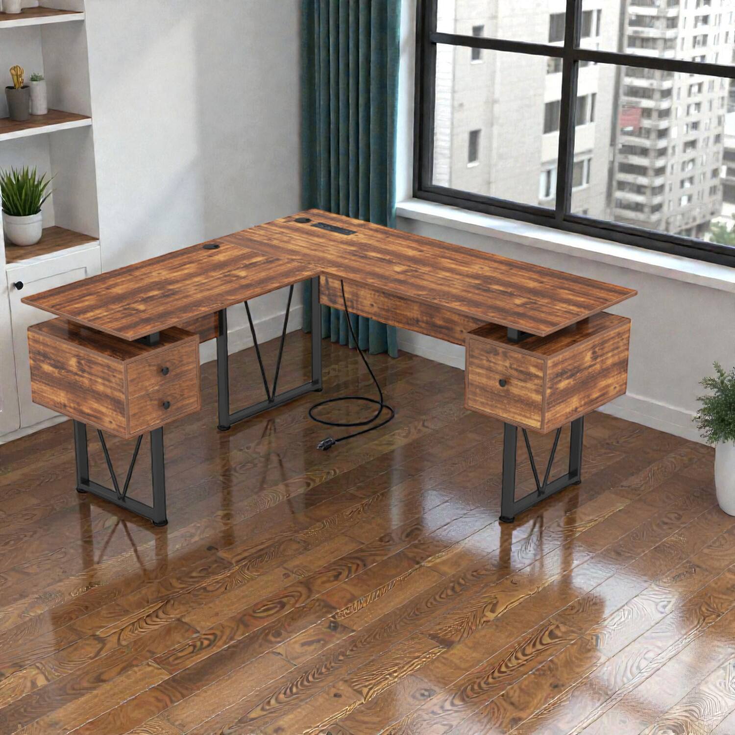 Front. Hivvago - L-Corner Productivity Desk Featuring Outlets and Multi-Drawer Storage - Rustic Brown.