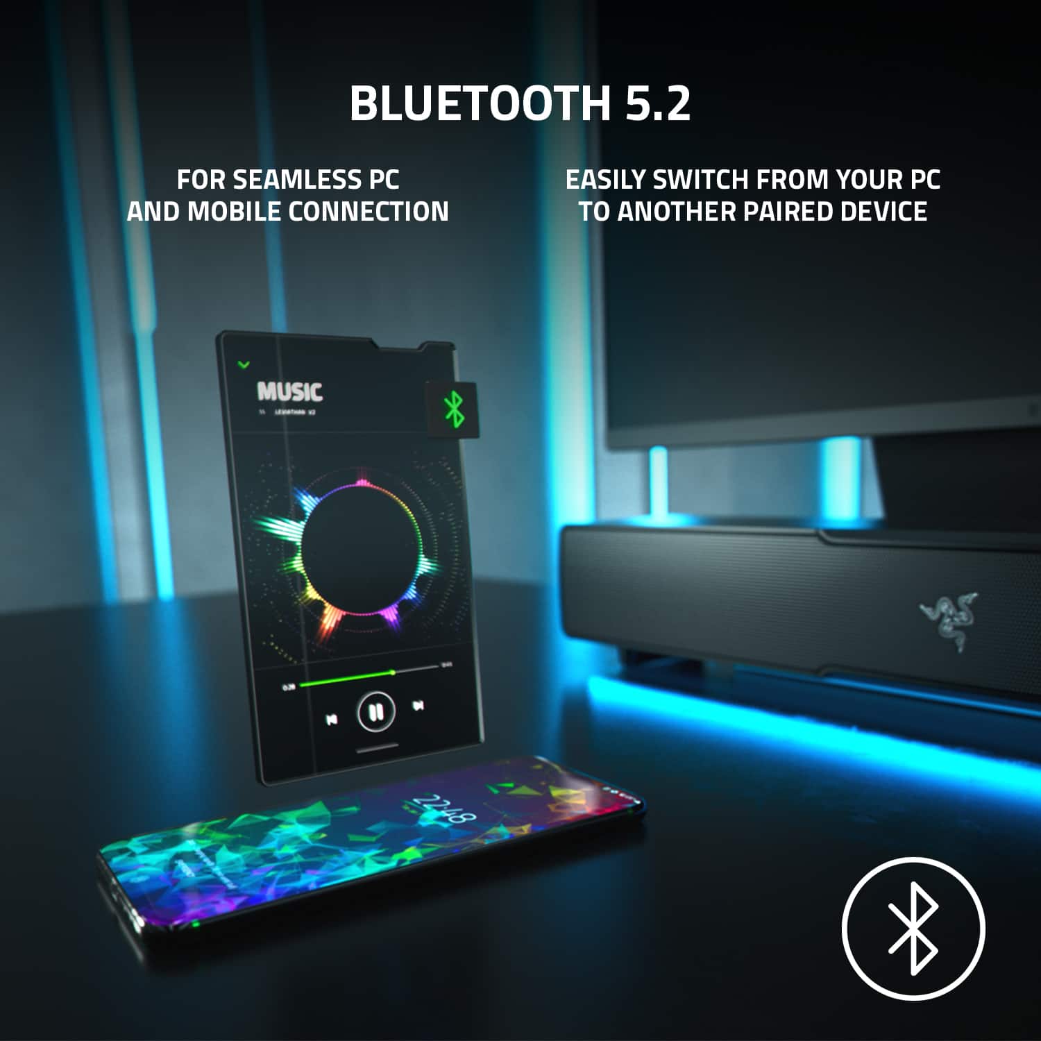 Bluetooth 5.2 for seamless PC and mobile connection. Easily switch from your PC to another paired device. Music.