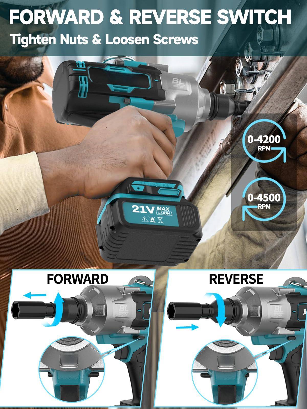 **FORWARD & REVERSE SWITCH**  
Tighten Nuts & Loosen Screws  

**BL motor**  
21V MAX  

**0-4200 RPM**  
**0-4500 RPM**  

**FORWARD**  
**REVERSE**