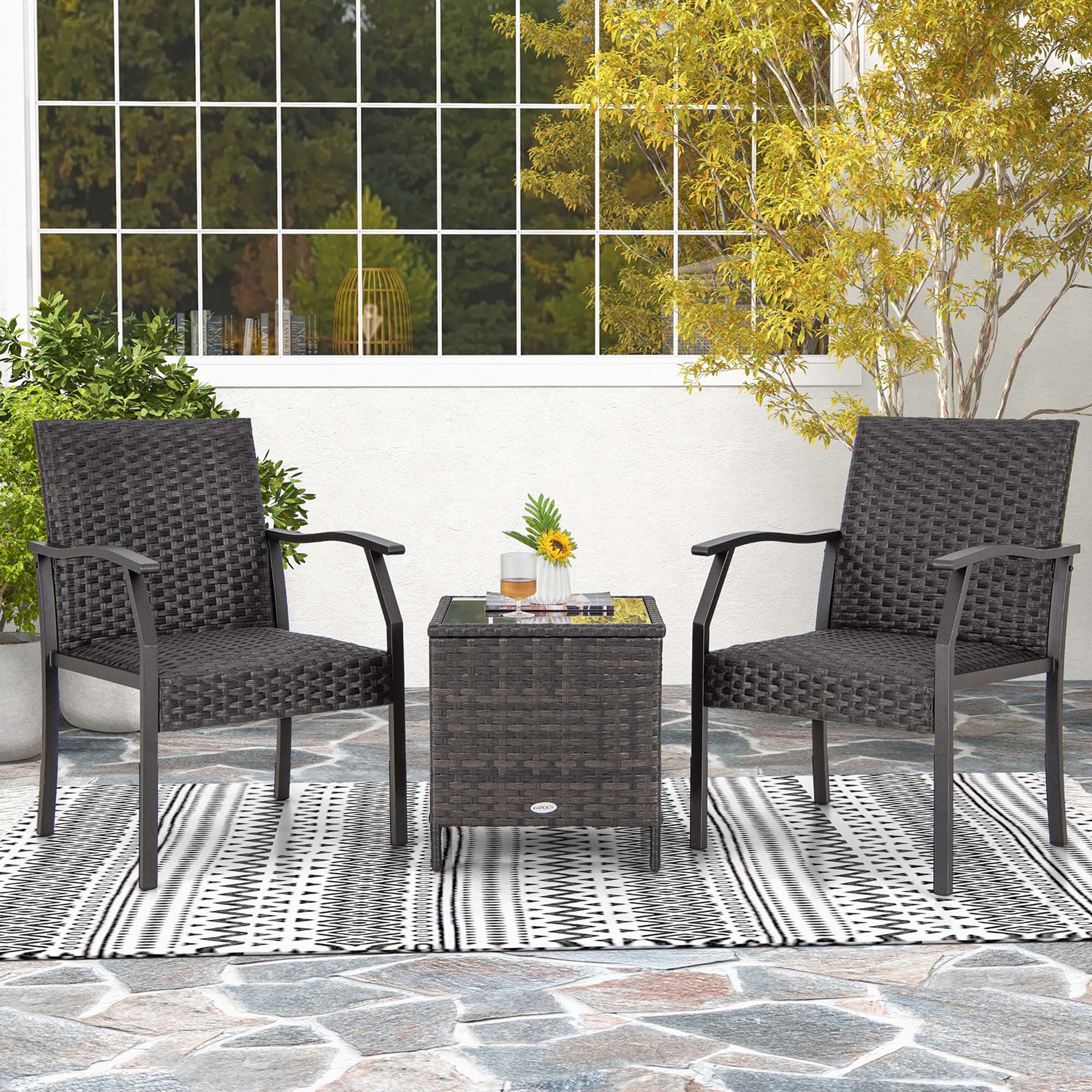 Alt View 4. Costway - Costway 3 PCS Patio Conversation Set Wicker Chair Tempered Glass Table Cushioned Seat Quick Dry Foam All Weather - Mix Brown.