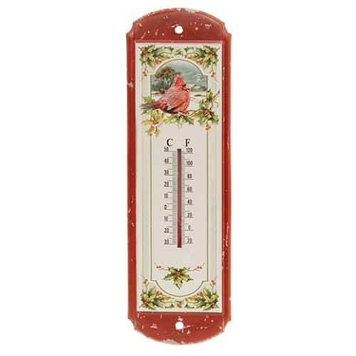 BreeBe - Cardinal & Holly Distressed Metal Thermometer - Red