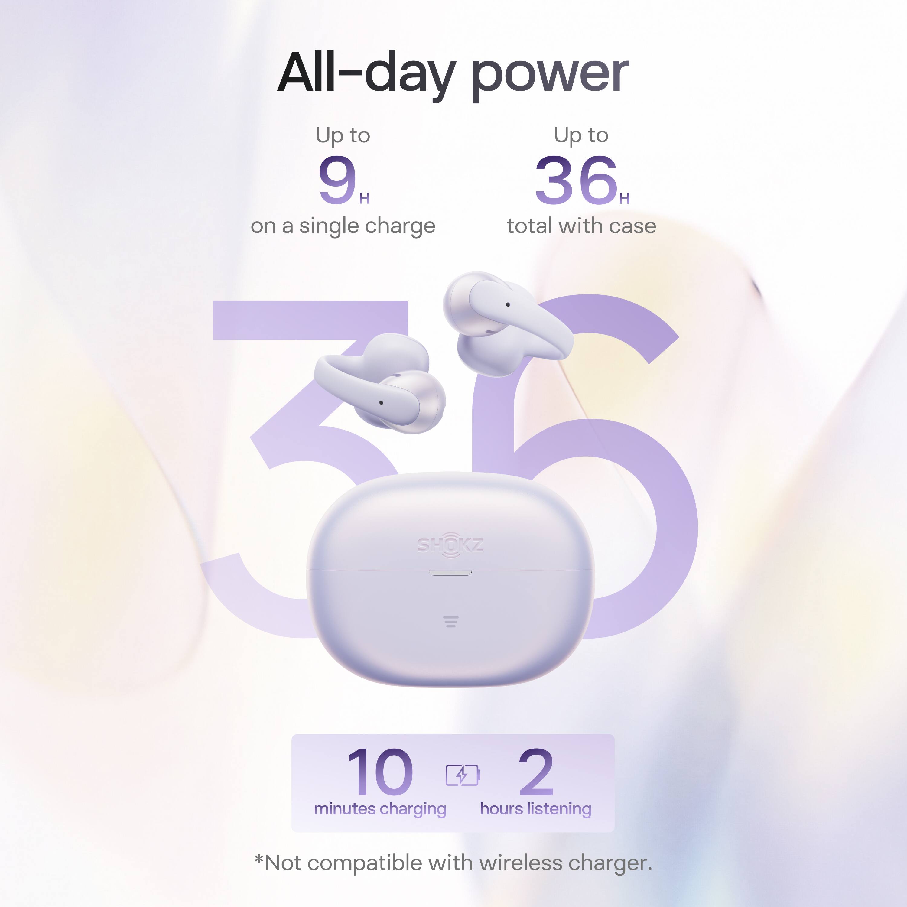 All-day power  
Up to 9 H on a single charge  
Up to 36 H total with case  
10 minutes charging  
2 hours listening  
*Not compatible with wireless charger.