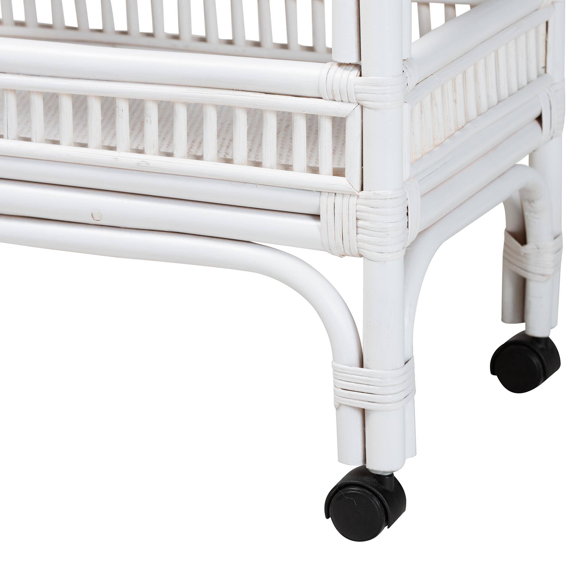 Alt View 1. bali & pari - Lombok Natural Rattan Wine Cart - Handwoven Wicker 2-Tier Mobile Bar Cart with Raised Tray Top - White.