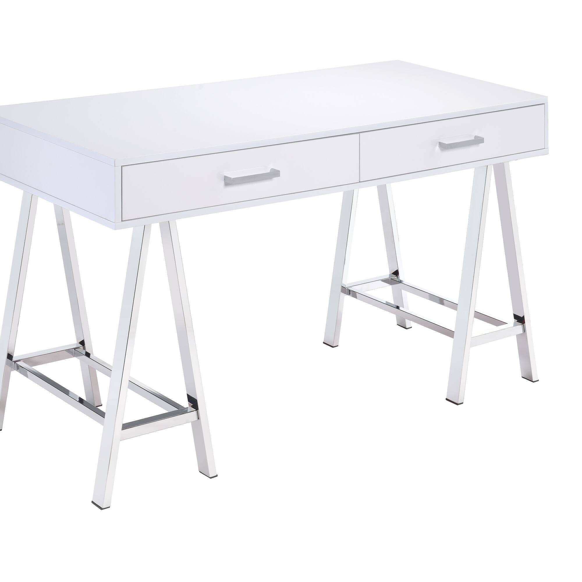 Back. GOODSILO - Modern Writing Desk with Built-in USB Charging Port and Dual Storage Drawers for Home Office - Chrome+White.