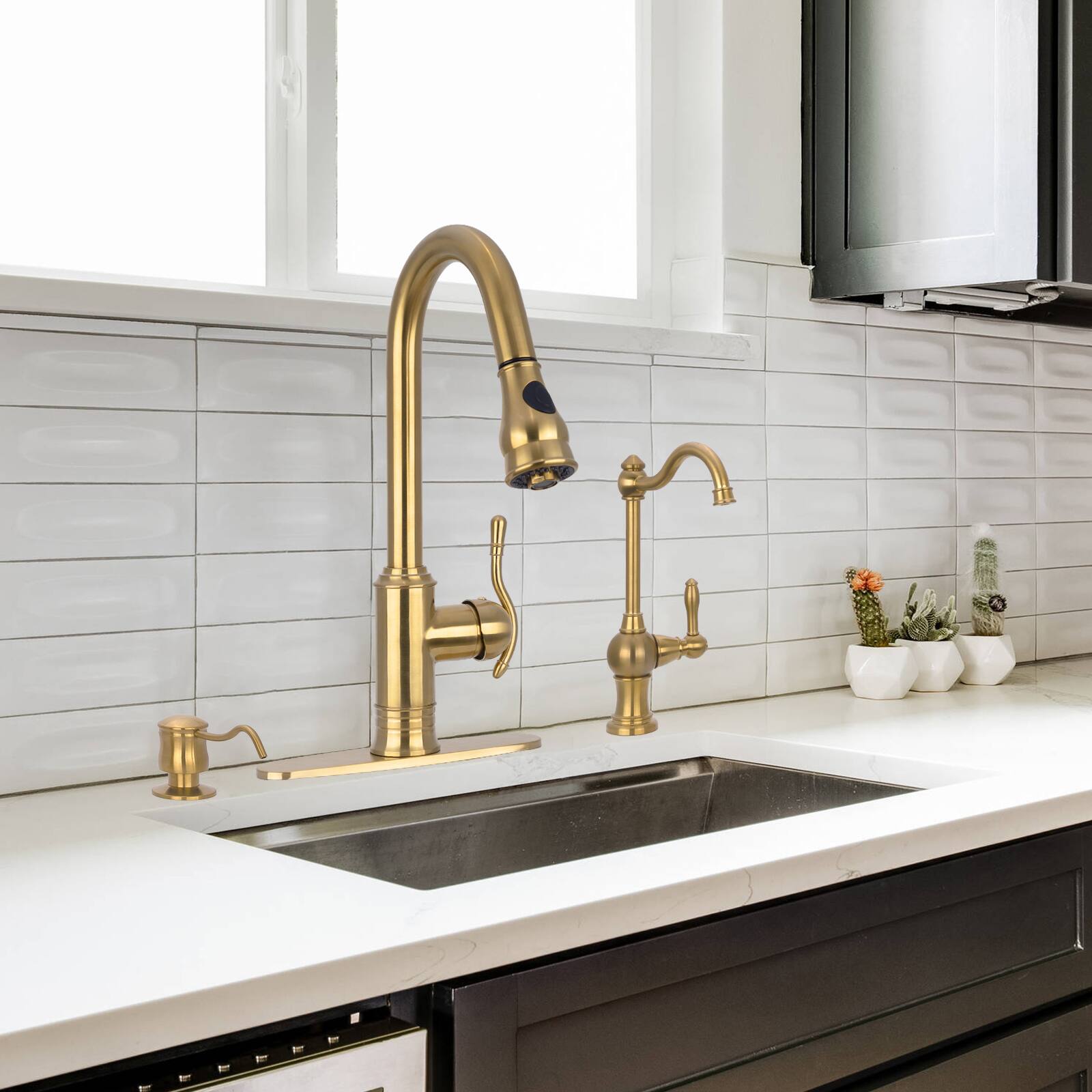 Alt View 8. Akicon - Akicon Solid Brass Single Handle Kitchen Faucet with Pull Down Sprayer in Brushed Gold - Brushed Gold.