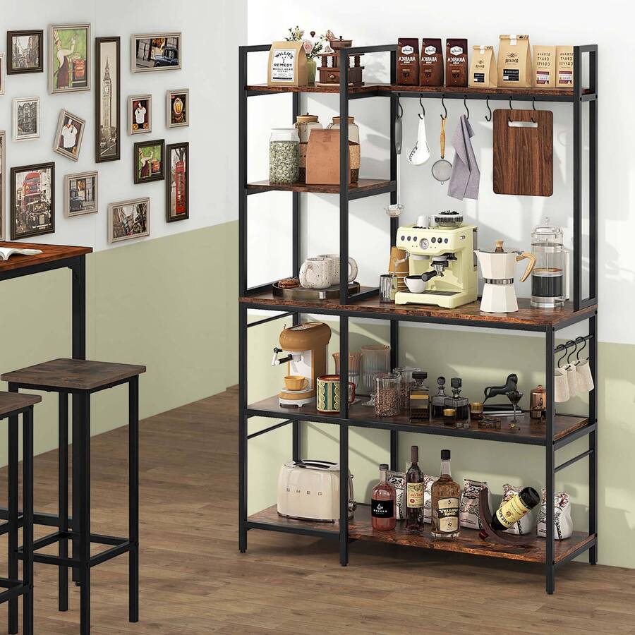 Cafe Table Rack Costway Bakers Rack 5 Tier Coffee Bar Table with 10 S Shaped Hooks ...
