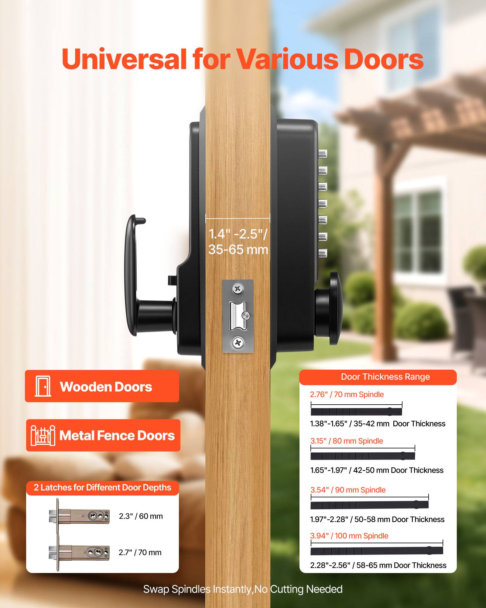 Universal for Various Doors

1.4" - 2.5" / 35-65 mm x Wooden Doors
Door Thickness Range: 2.76" / 70 mm Spindle

Metal Fence Doors
1.38"-1.65" / 35-42 mm Door Thickness
3.15" / 80 mm Spindle

1.65"-1.97" / 42-50 mm Door Thickness
3.54" / 90 mm Spindle

1.97"-2.28" / 50-58 mm Door Thickness
3.94" / 100 mm Spindle

2.28"-2.56" / 58-65 mm Door Thickness
2.7" / 70 mm Spindle

2 Latches for Different Door Depths
2.3" / 60 mm
2.7" / 70 mm

Swap Spindles Instantly, No Cutting Needed