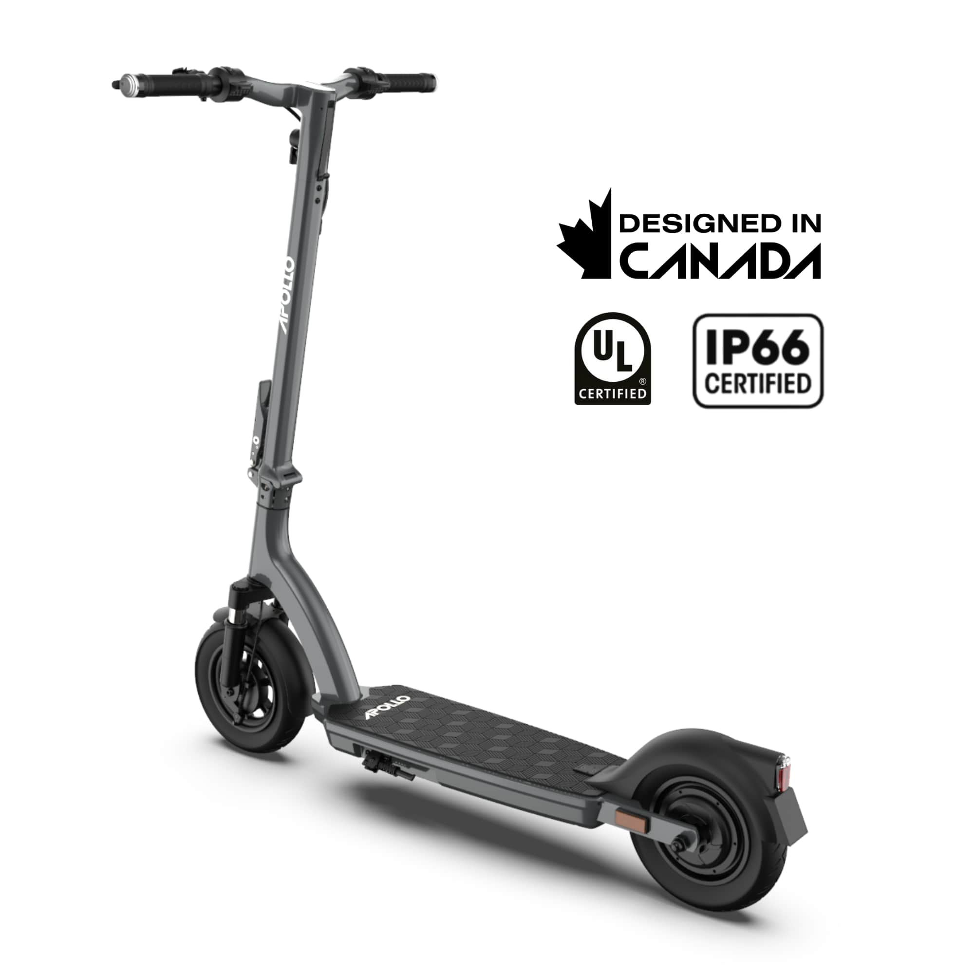 The text on the image reads: "Apollo Designed in Canada UL IP66 Certified." This indicates that the scooter, specifically the Apollo brand, is designed in Canada and has been certified by UL IP66, which is a standard for electrical appliances' safety and performance.