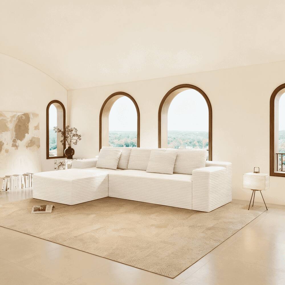 Back. Kadyn - 104" Right Chaise Sectional Sofa, Plush Corduroy Cloud Design with Deep Seating and L-Shape, White - White.