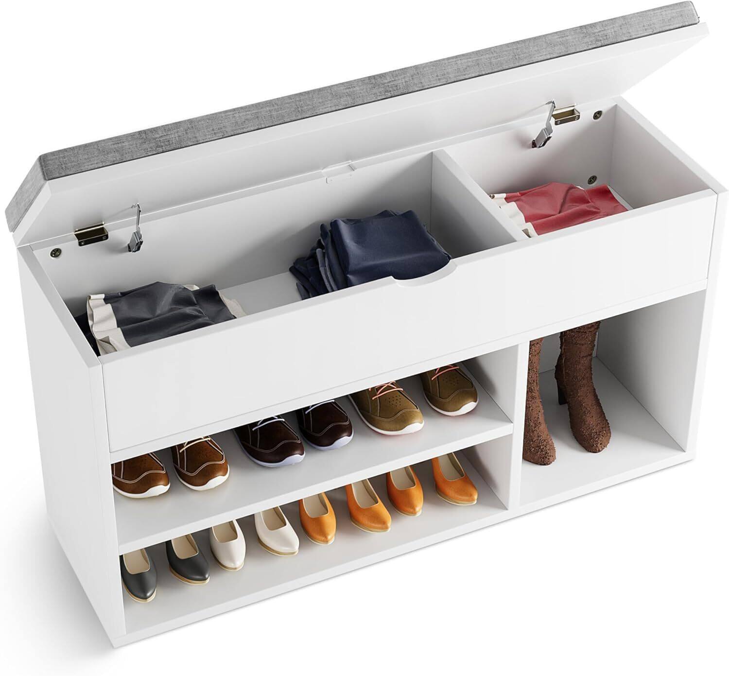 Alt View 4. Acekool - Shoe Bench with Cushion,Adjustable Shelf Entryway Bench,Hidden Storage Shoe Bench Wooden Shoe Rack - White.