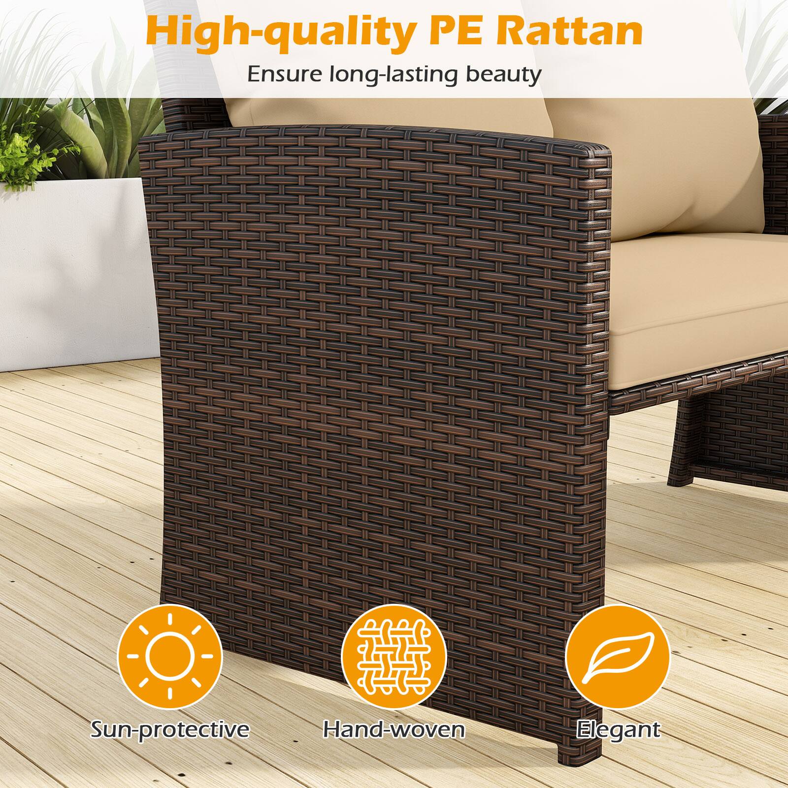 High-quality PE Rattan  
Ensure long-lasting beauty  

Sun-protective  
Hand-woven  
Elegant