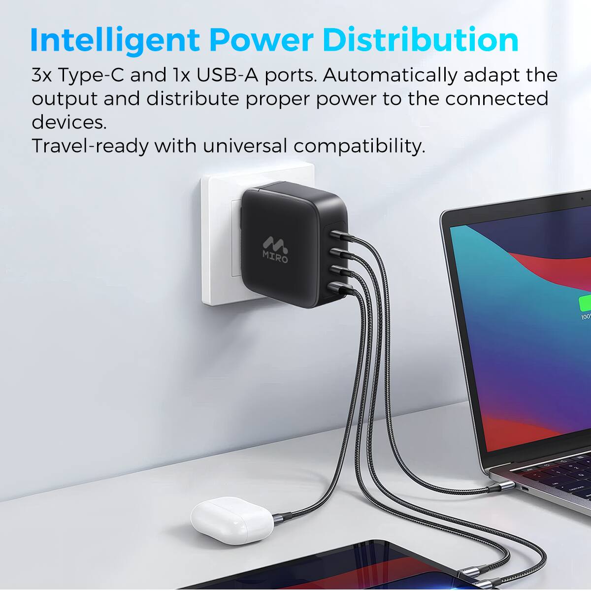 Intelligent Power Distribution
3x Type-C and 1x USB-A ports. Automatically adapt the output and distribute proper power to the connected devices. Travel-ready with universal compatibility. MIRO 100 - 2