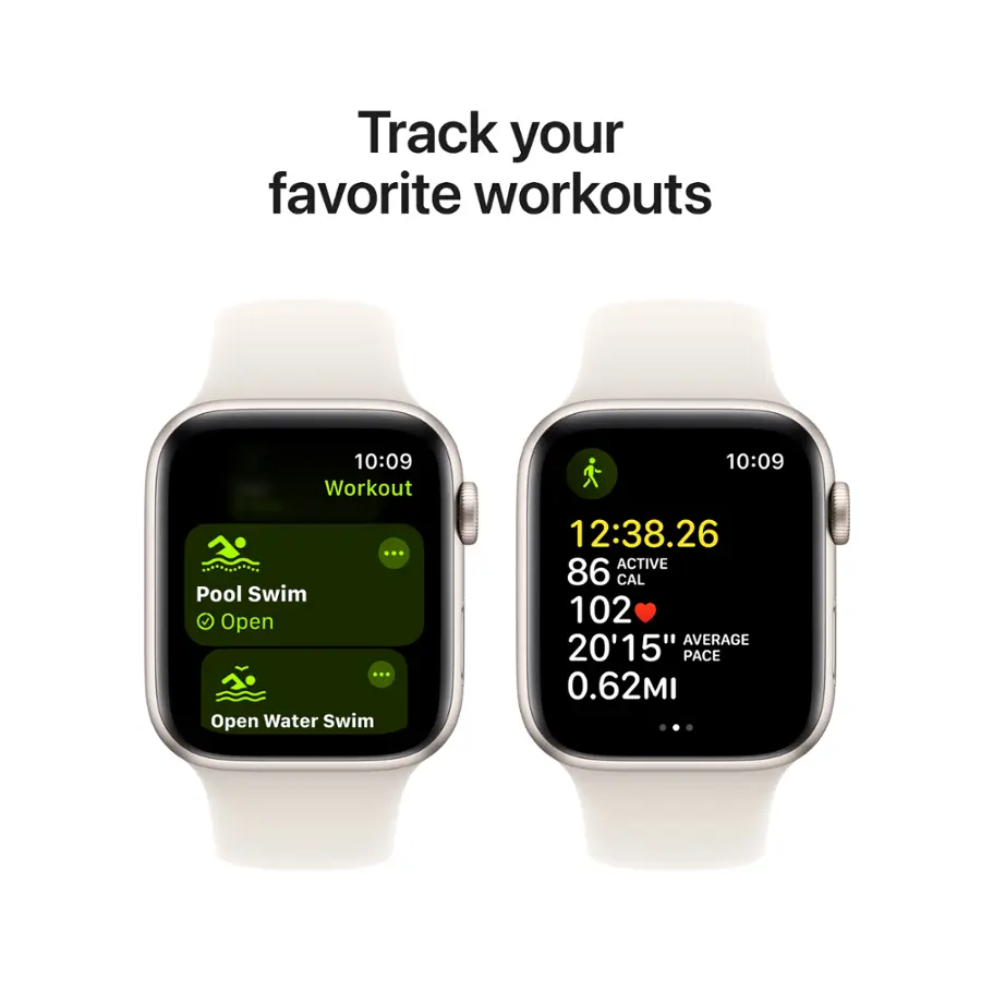 Track your favorite workouts.

10:09 Workout: Pool Swim
Open Water Swim
10:09
12:38.26
ACTIVE
86 CAL
102 AVERAGE
20'15" PACE
0.62MI