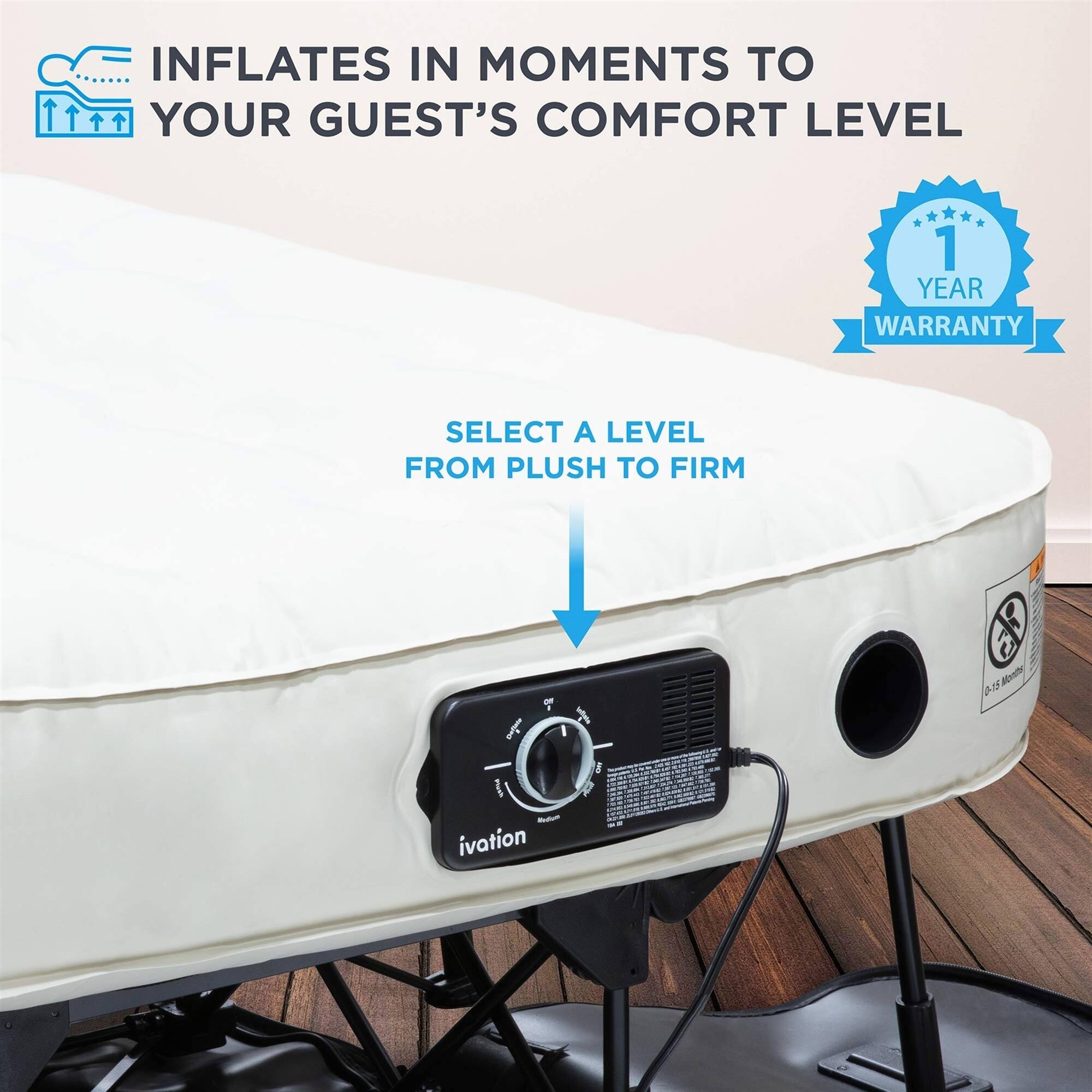 INFLATES IN MOMENTS TO YOUR GUEST'S COMFORT LEVEL 1 YEAR WARRANTY SELECT A LEVEL FROM PLUSH TO FIRM ivation