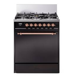 ILVE - Nostalgie II Series 30 in. Dual Fuel Range with 5 Sealed Burners (Liquid Propane, Copper Trim) - Glossy Black