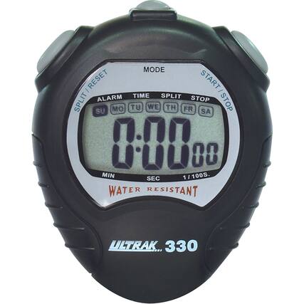 MODE RESET START SPLIT STOP ALARM TIME SPLIT STOP MO TU WE TH FR SA 000 000 88 MIN SEC 1/100S. WATER RESISTANT ULTRAK 330