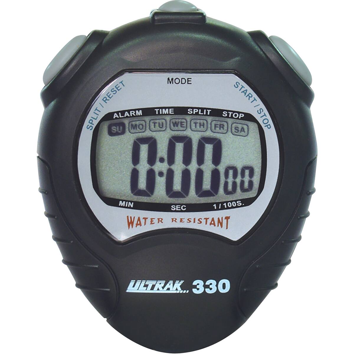 MODE RESET START SPLIT STOP ALARM TIME SPLIT STOP MO TU WE TH FR SA 000 000 88 MIN SEC 1/100S. WATER RESISTANT ULTRAK 330