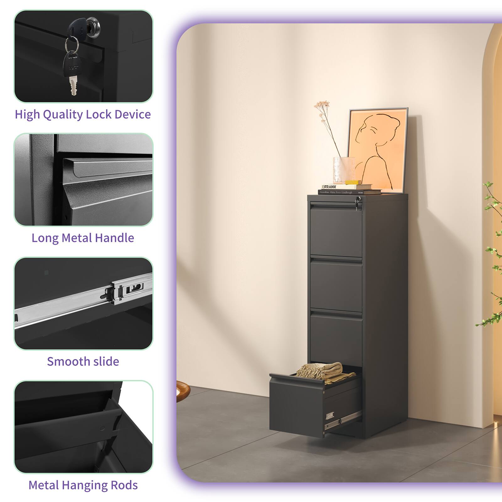 - High Quality Lock Device
- Long Metal Handle
- Smooth slide
- Metal Hanging Rods