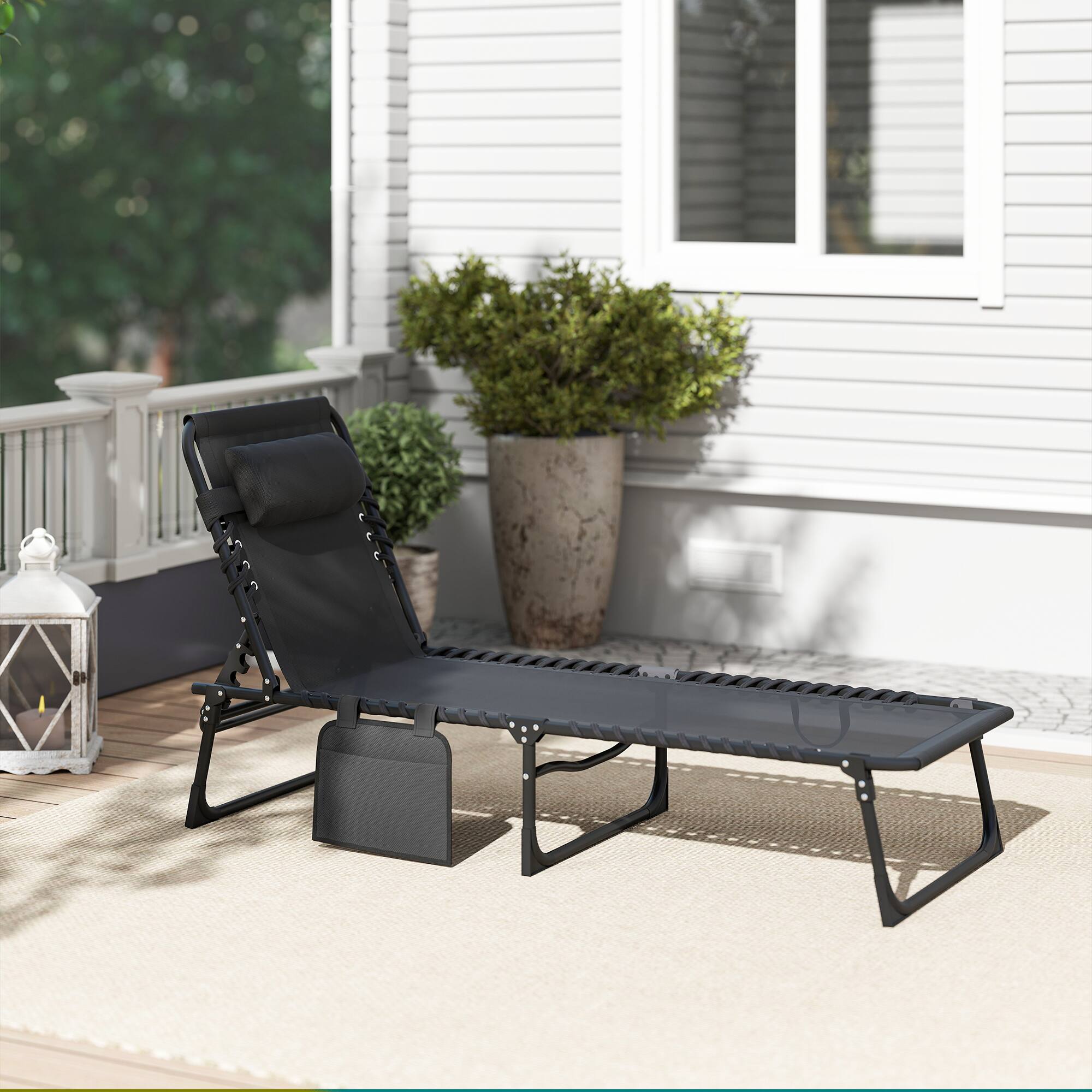 Alt View 8. Outsunny - Reclining Chaise Lounge Chair, Portable Sun Lounger, Folding Camping Cot with Adjustable Backrest and Removable Pillow - Black.
