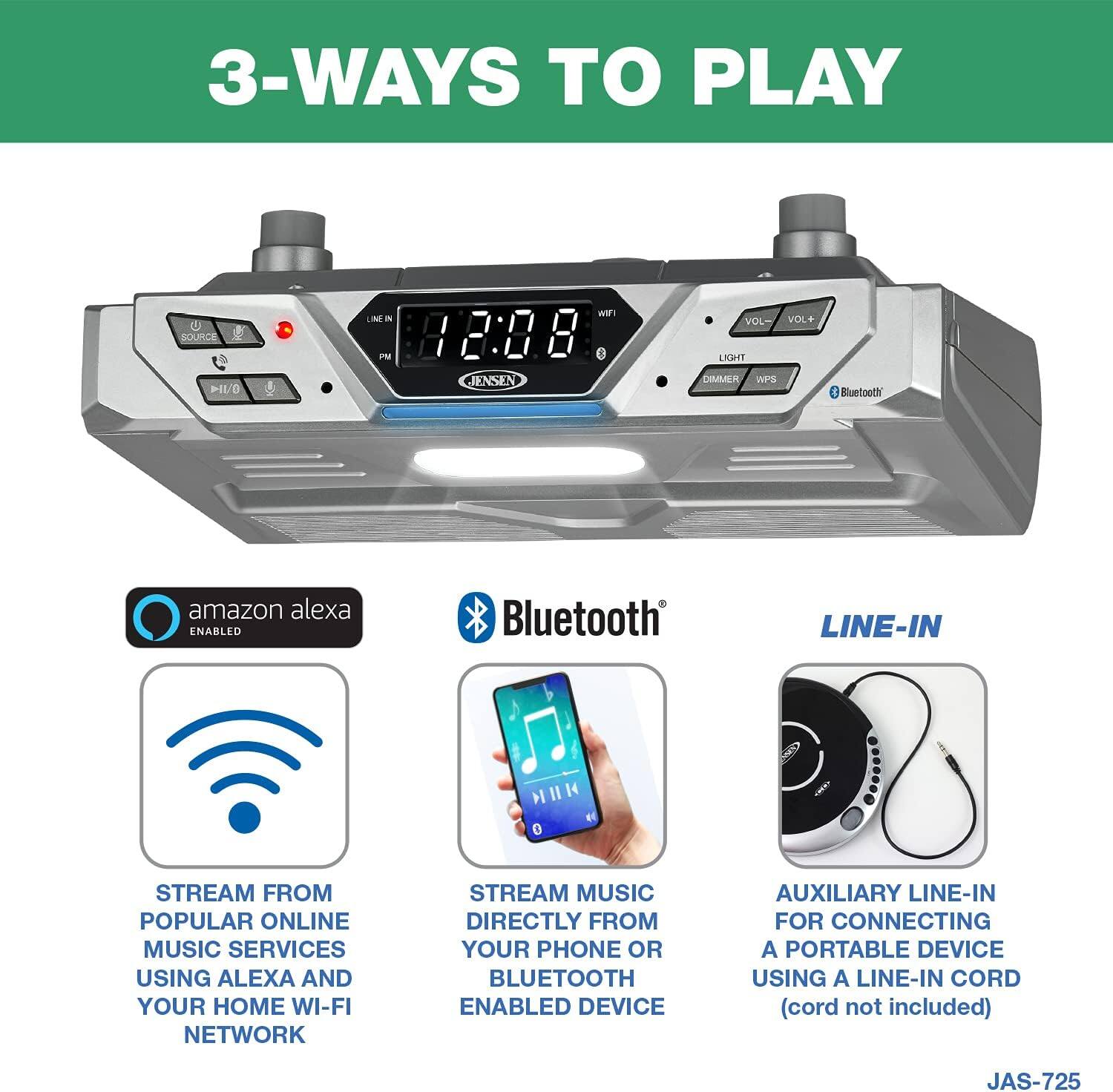 3-WAYS TO PLAY

SOURCE
UME
P
WIFI
C
VOL
LKIHT
VOL+
HIL/O
JENSEN
DIMMER
WPS
Bluetooth
amazon alexa ENABLED
Bluetooth
LINE-IN
H
0
STREAM FROM POPULAR ONLINE MUSIC SERVICES USING ALEXA AND YOUR HOME WI-FI NETWORK
STREAM MUSIC DIRECTLY FROM YOUR PHONE OR BLUETOOTH ENABLED DEVICE
AUXILIARY LINE-IN FOR CONNECTING A PORTABLE DEVICE USING A LINE-IN CORD (cord not included)
JAS-725
