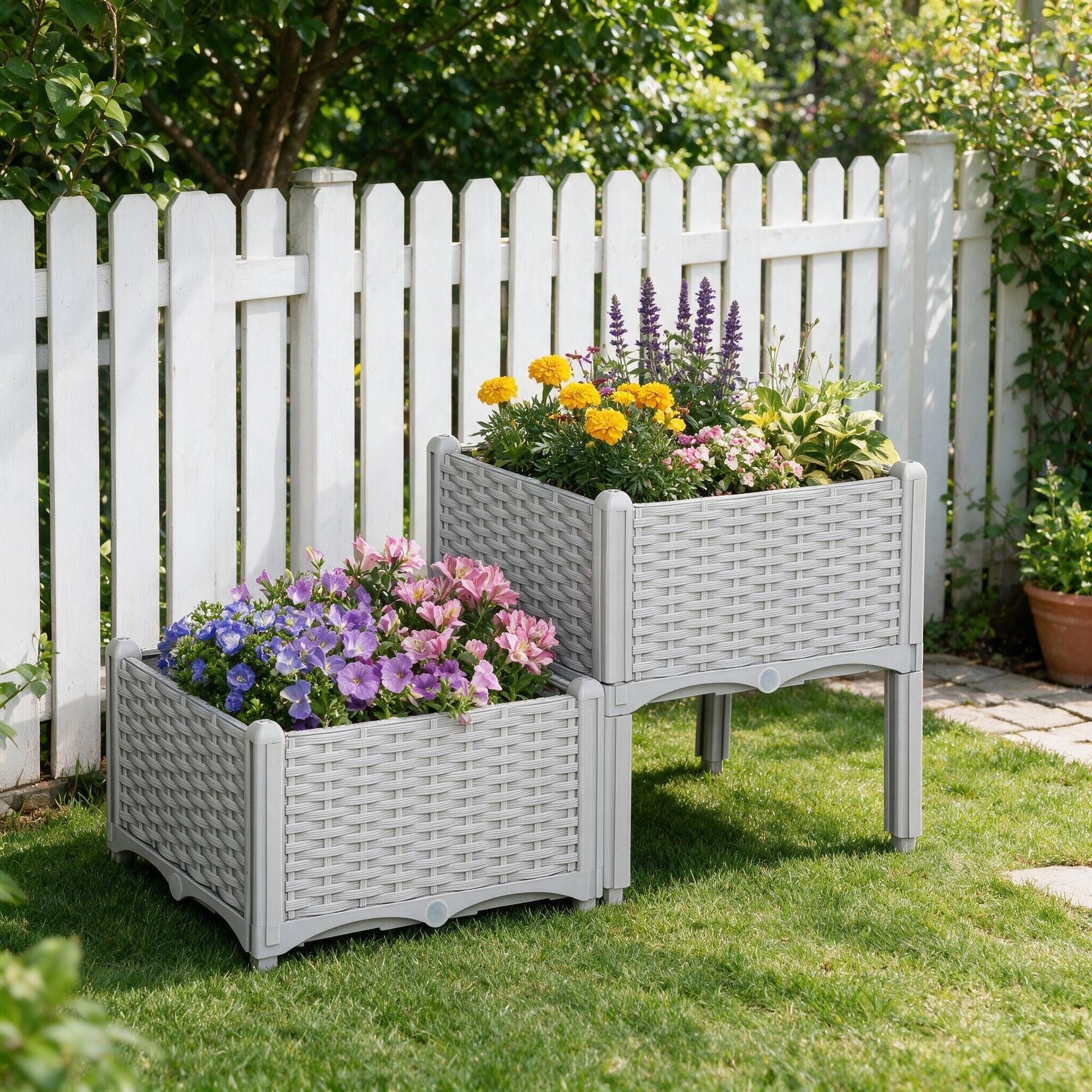 Back. RYHNUYNE - Outsunny Raised Garden Bed with Legs, Self-Watering Planter Box, Polypropylene Rattan, Gray, Modular Set for Patio - Gray.