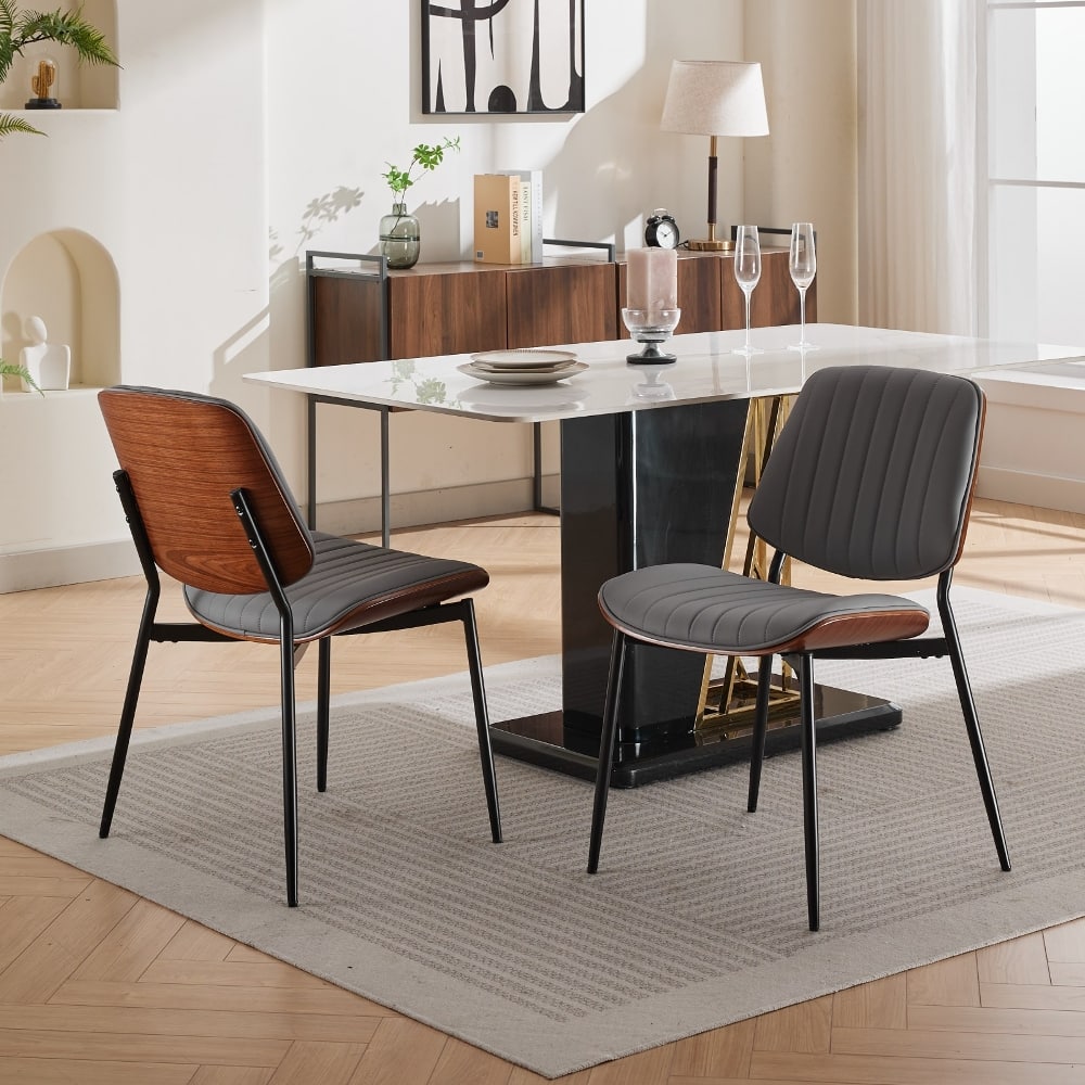 Loheer - Mid-Century Dining Chairs Set of 2, Faux Leather Walnut Bentwood Chairs with Metal Legs - Gray price history on PriceWatchPro