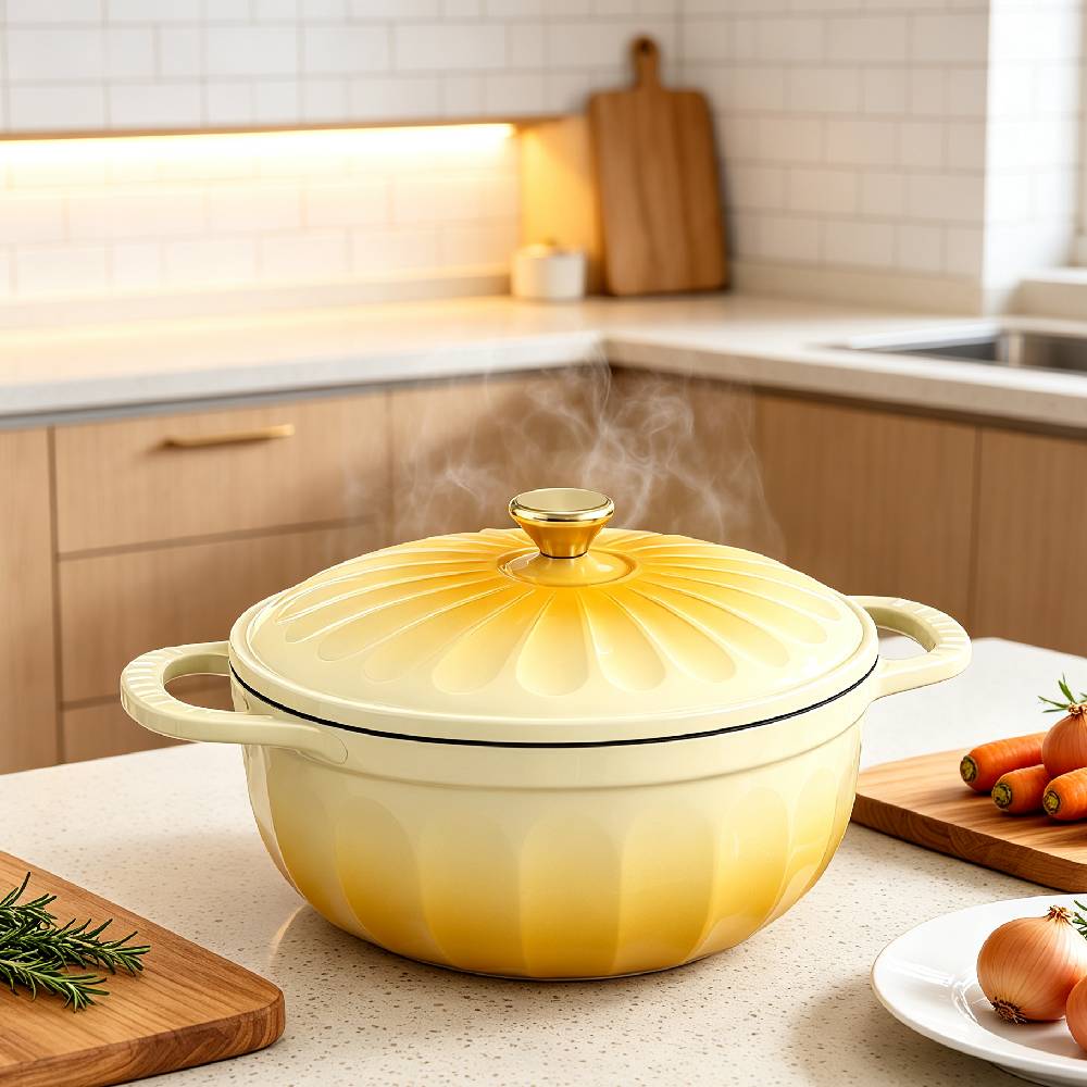 Alt View 4. Winado - 5 QT Enameled Cast Iron Dutch Oven with Gradient Petal Texture,Heat-Resistant Gloves, Pot Mat for Bread Baking, Roasting - Yellow.
