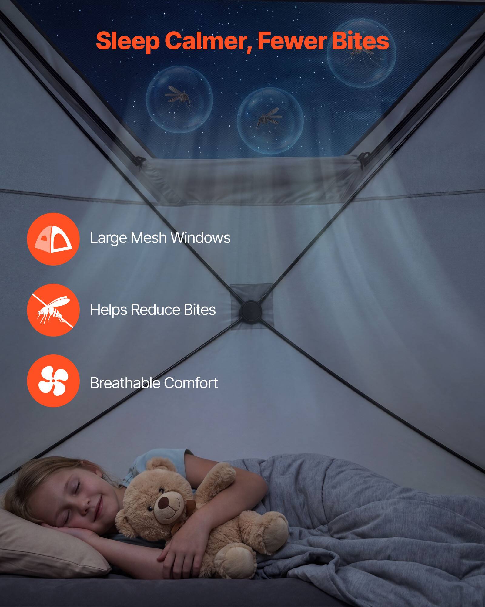 Sleep Calmer, Fewer Bites  
Large Mesh Windows  
Helps Reduce Bites  
Breathable Comfort