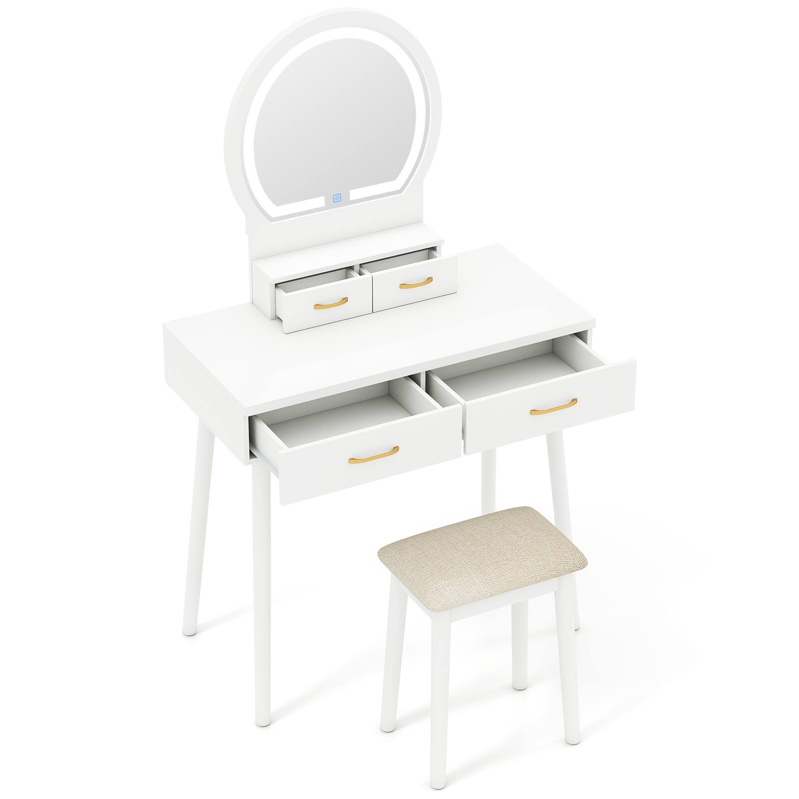 Alt View 9. Gymax - Gymax Small Vanity Desk w/Mirror & Lights Cushioned Stool 3 Adjustable Lighting Colors White - White.