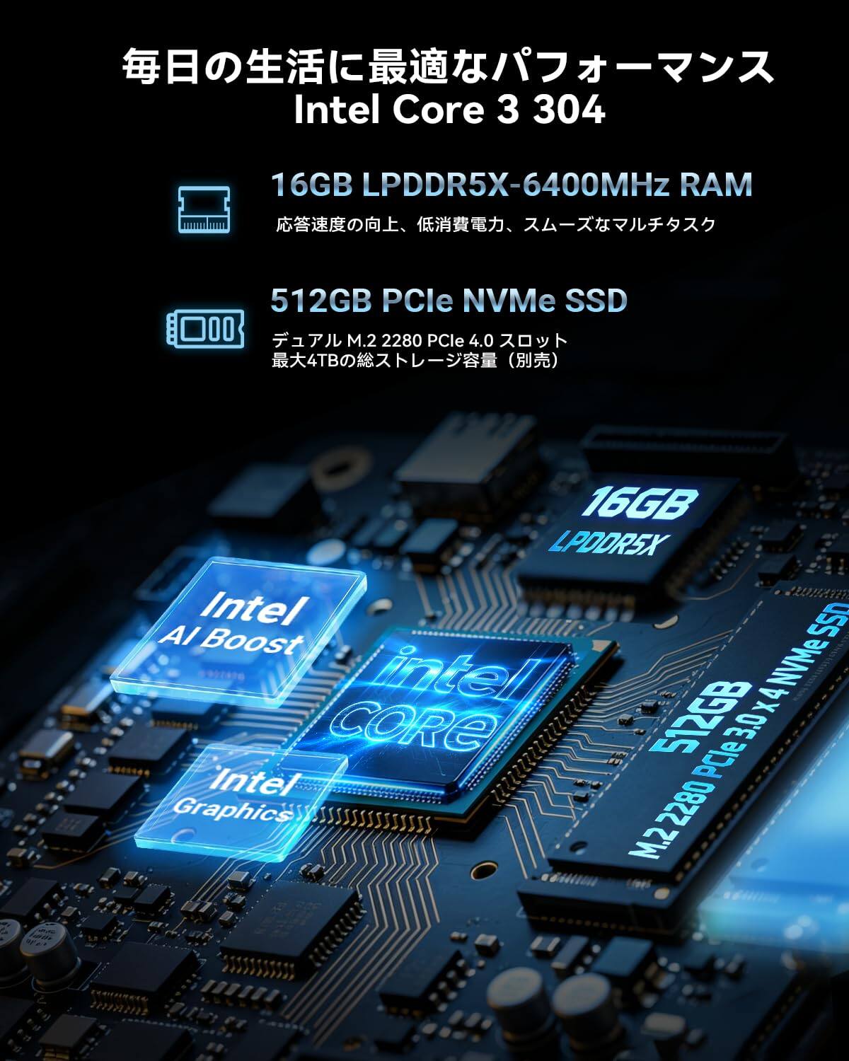 Intel Core 3 304  
16GB LPDDR5X-6400MHz RAM  
512GB PCIe NVMe SSD (M.2 2280, PCIe 4.0, up to 4TB)  
16GB LPDDR5X  
Intel AI Boost  
Intel Graphics