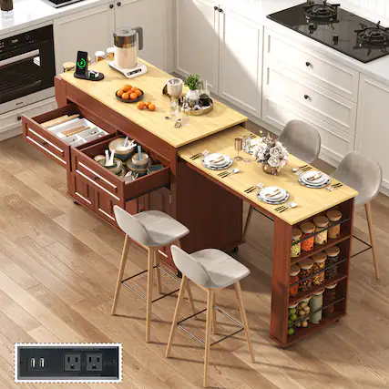 Front. Espafurni - 80"-48" Extendable Kitchen Island with Dining Table & Power Outlet,Drawers,Shelves, Mobile Rolling Cart - Brown.