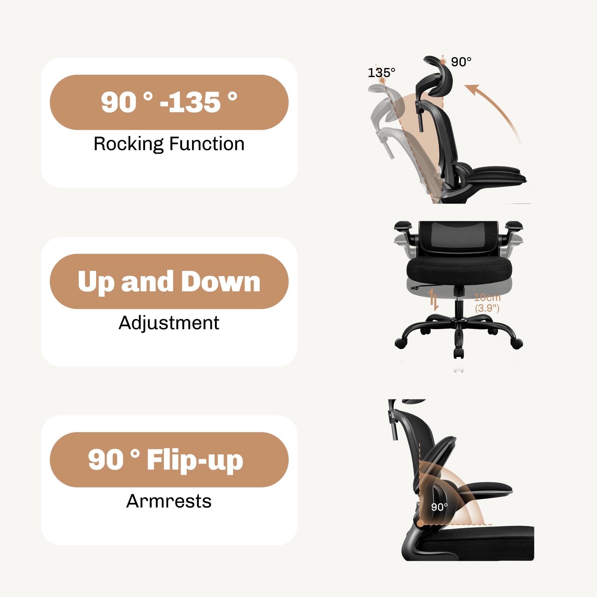 90° -135° Rocking Function  
Up and Down Adjustment  
90° Flip-up Armrests