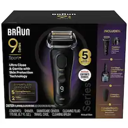 Braun - Series 9 Sport + Electric Shaver with Clean and Charge Station and Travel Case - Black