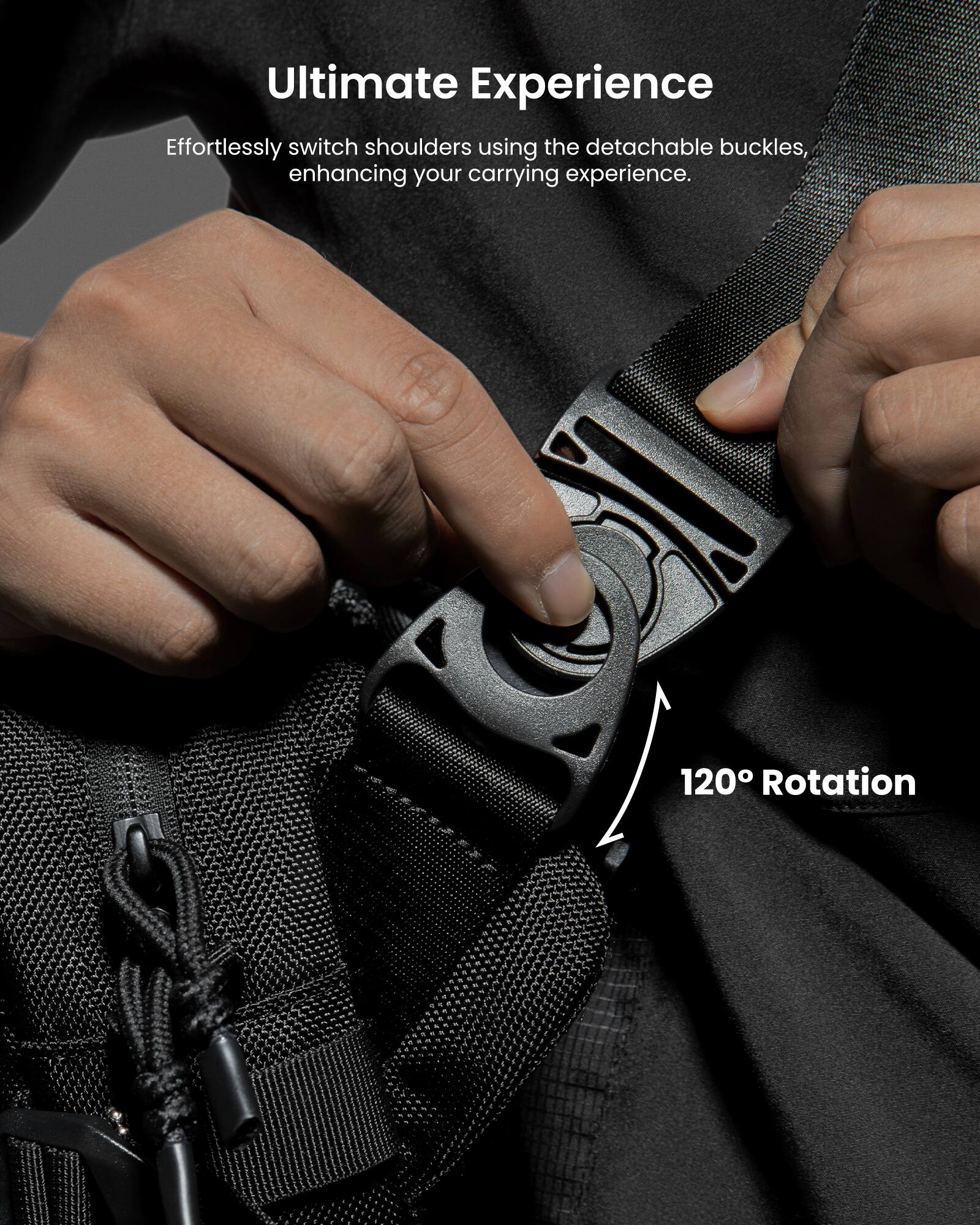 Ultimate Experience: Effortlessly switch shoulders using the detachable buckles, enhancing your carrying experience. 120 Rotation.